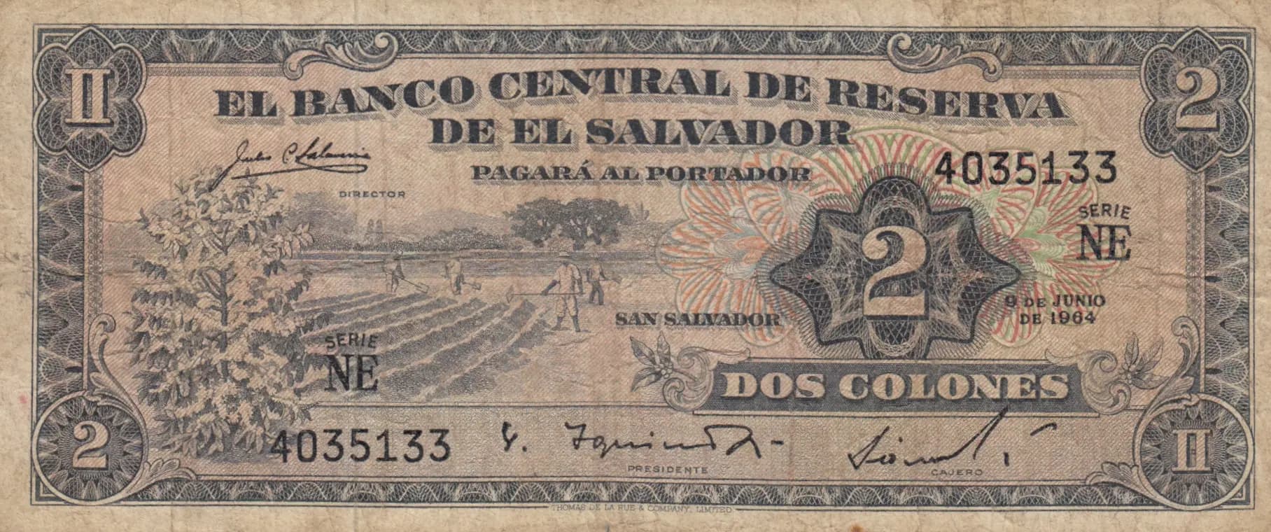 2 colones 1964 from El Salvador, P-101 (1964) — image 1