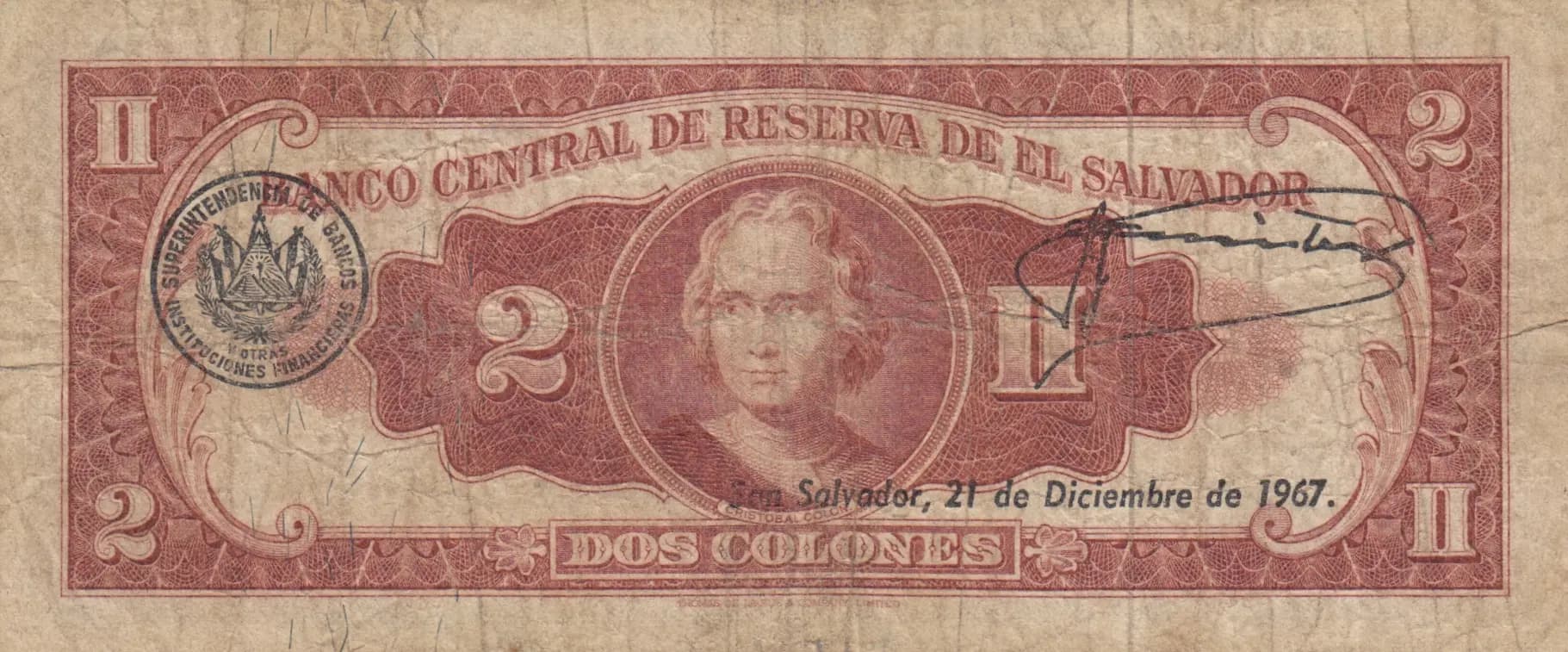 2 colones 1964 from El Salvador, P-101 (1964) — image 2