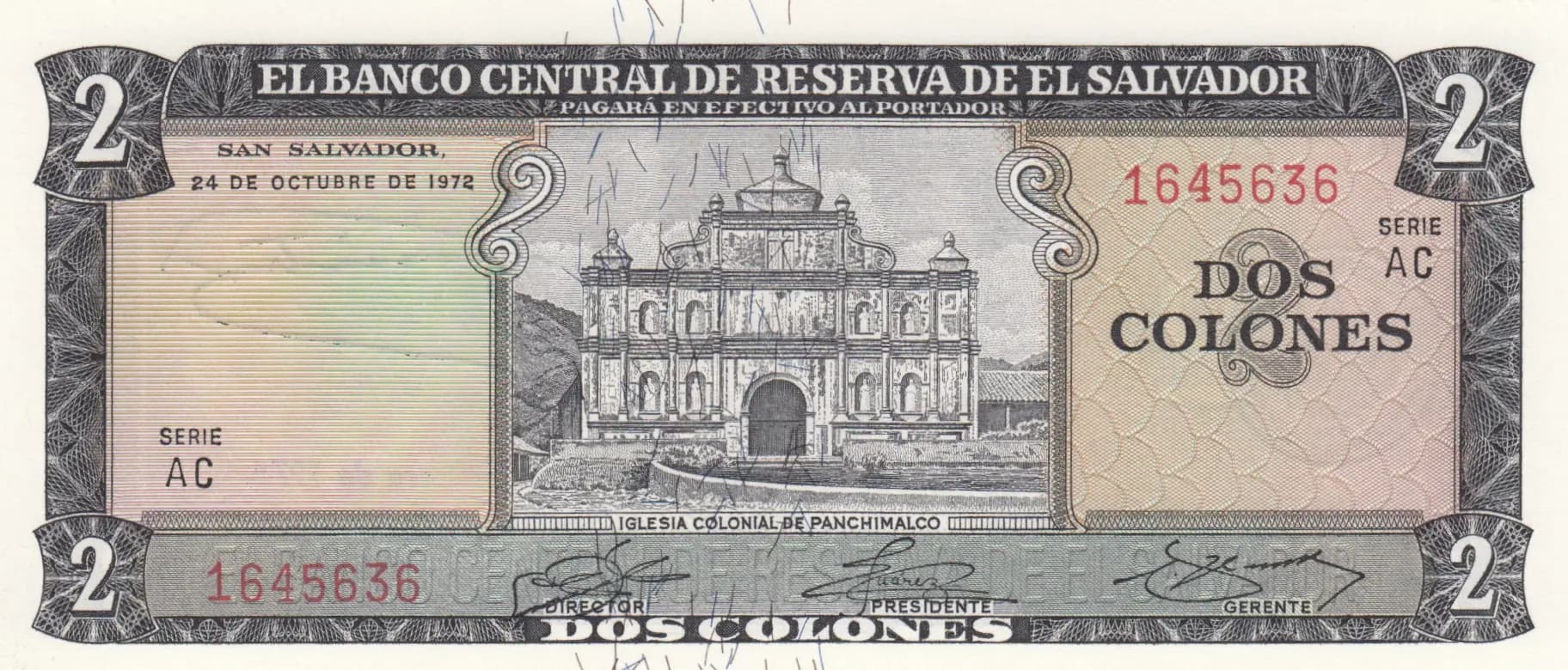 2 colones 1974 from El Salvador, P-116a