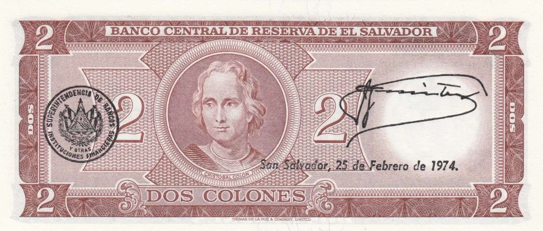 2 colones 1974 from El Salvador, P-116a (1974) — image 2