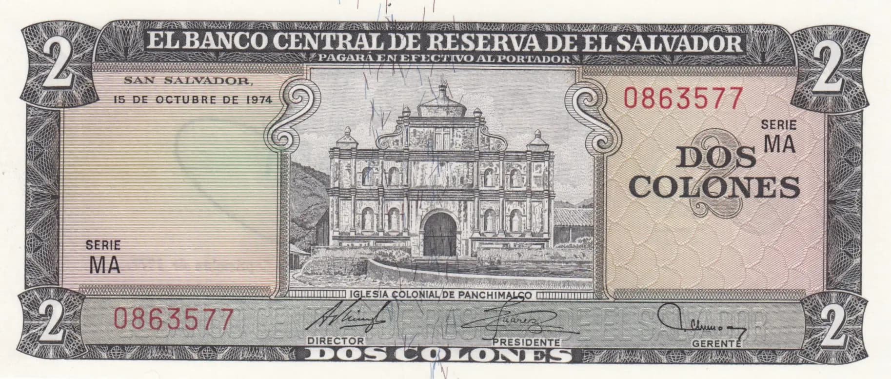 2 colones 1977 from El Salvador, P-116b (1977) — image 1