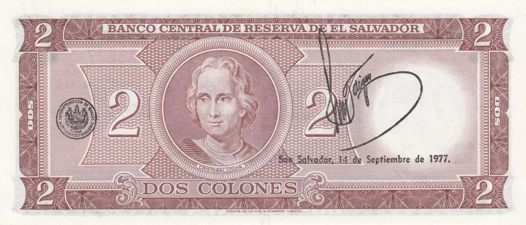 2 colones 1977 from El Salvador, P-116b (1977) — image 2