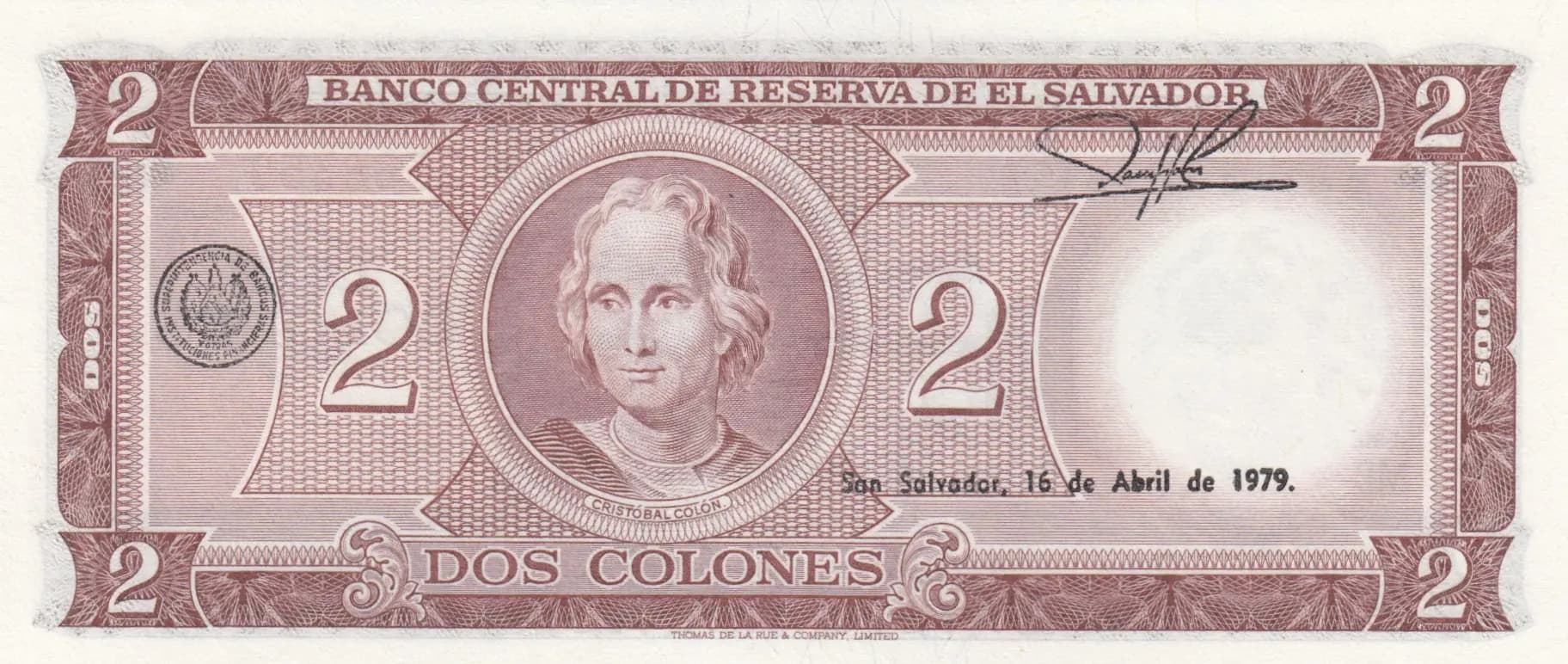 2 colones 1979 from El Salvador, P-116b (1979) — image 2