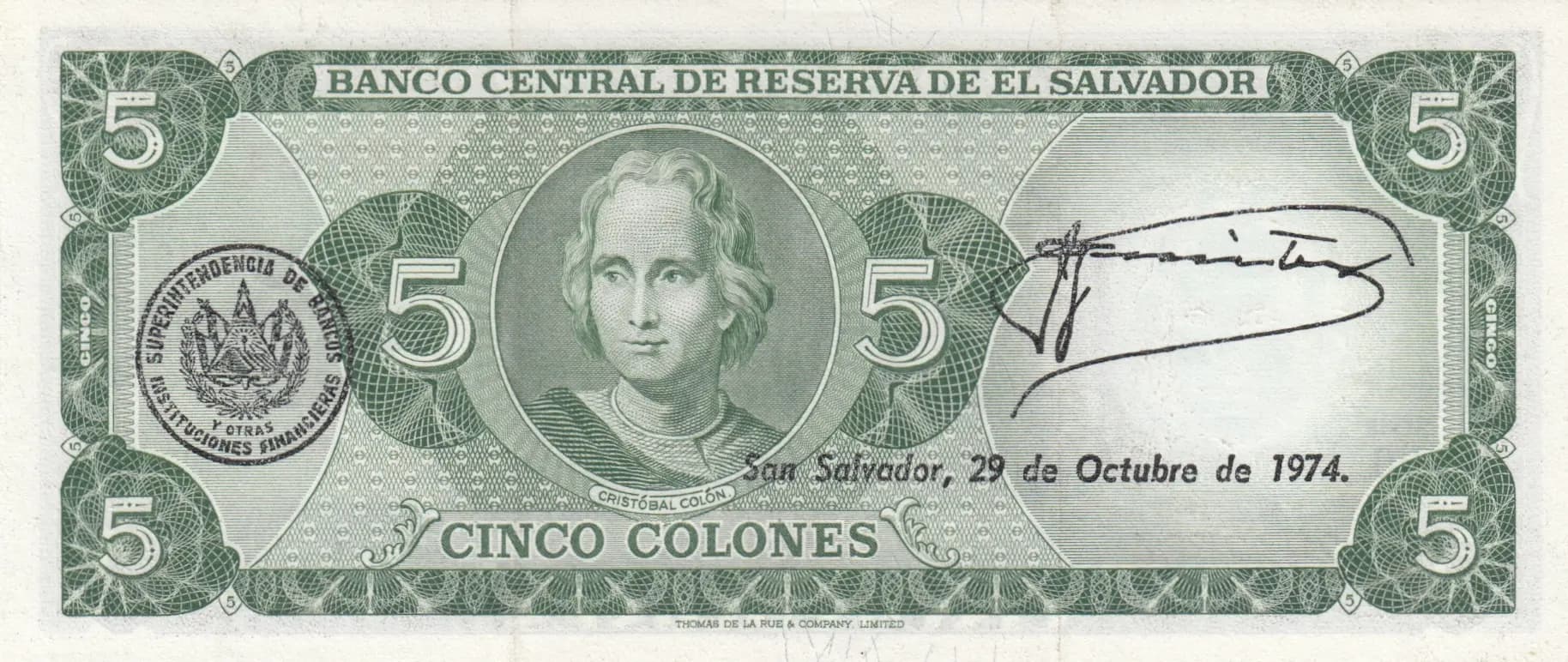 5 colones 1974 from El Salvador, P-117 (1974) — image 2