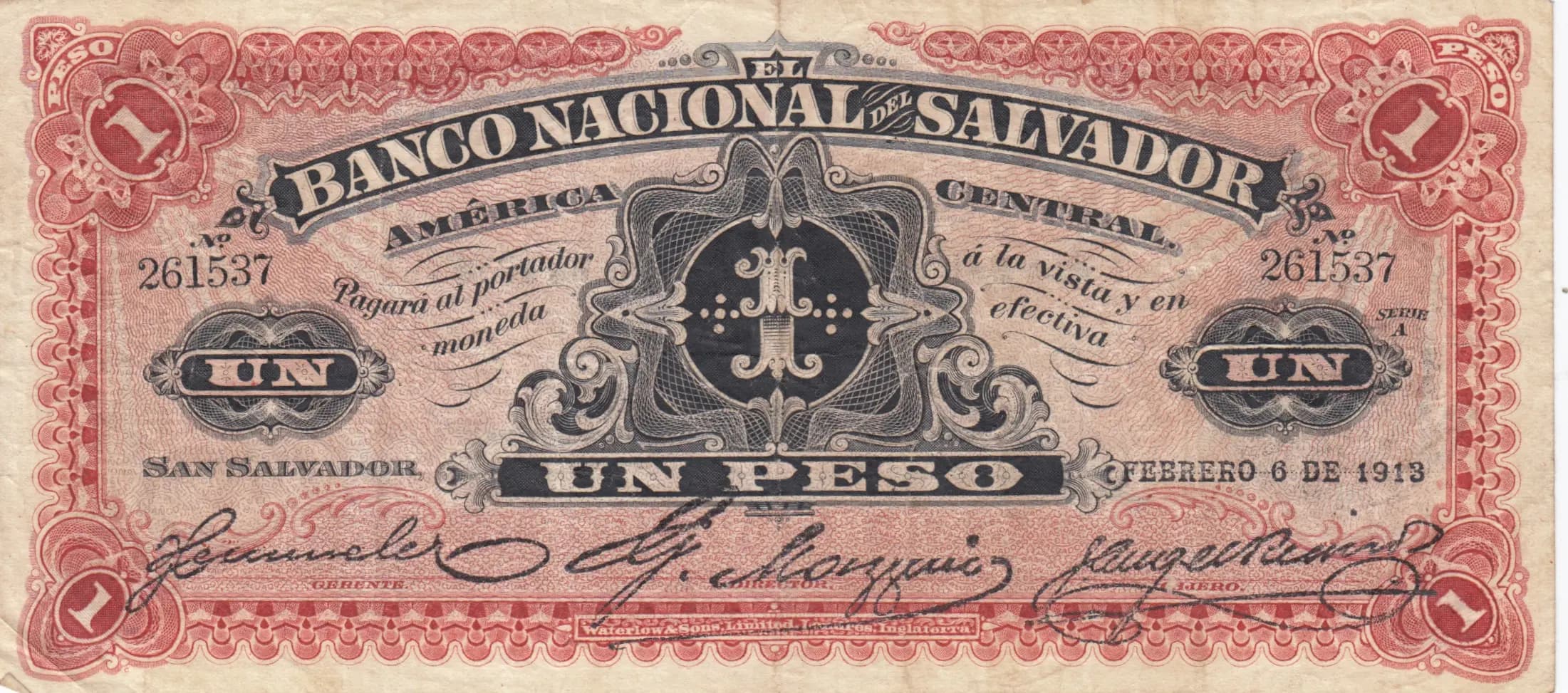 1 peso 1913 from El Salvador, P-S161b