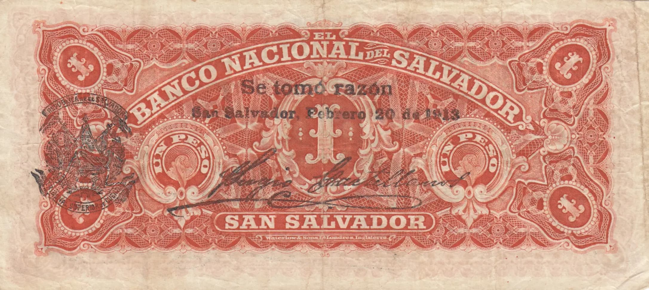 1 peso 1913 from El Salvador, P-S161b (1913) — image 2