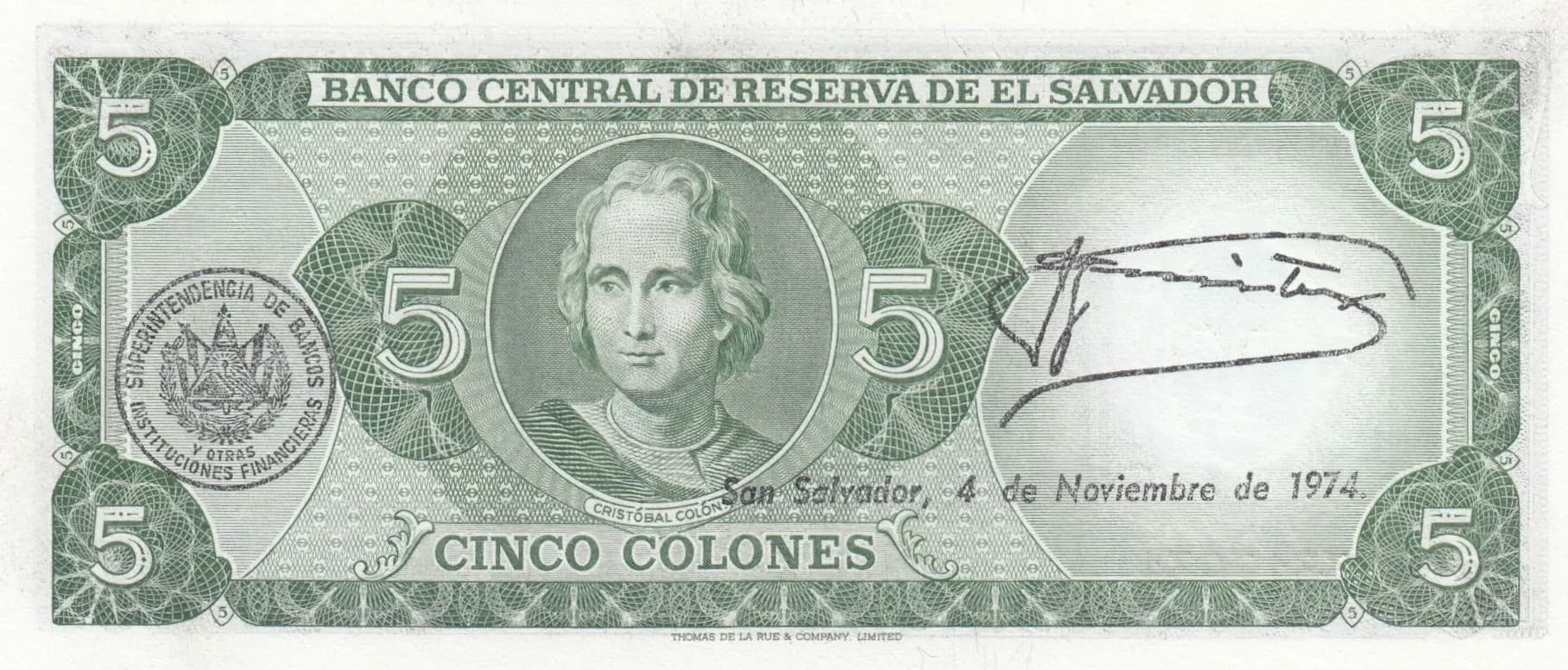 5 colones 1974 from El Salvador, P-117 (1974) — image 2