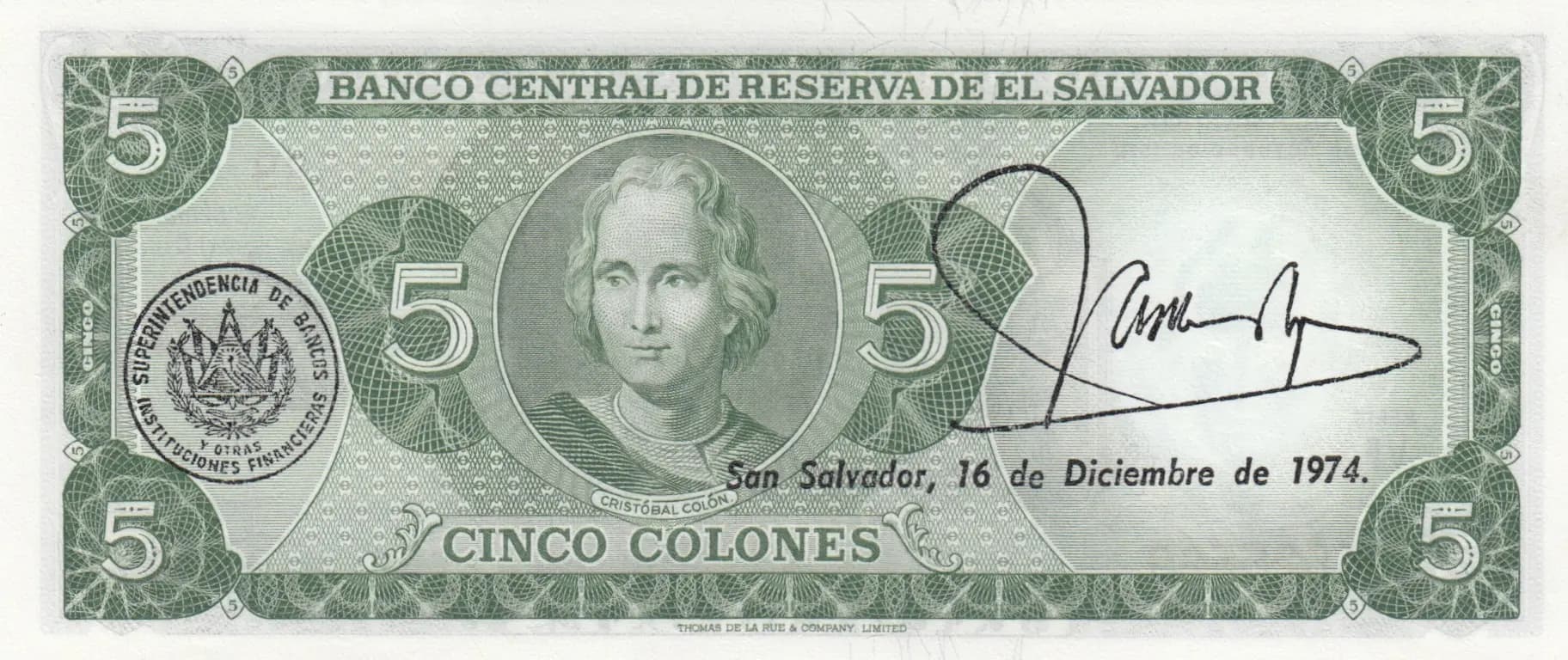 5 colones 1974 from El Salvador, P-117 (1974) — image 2
