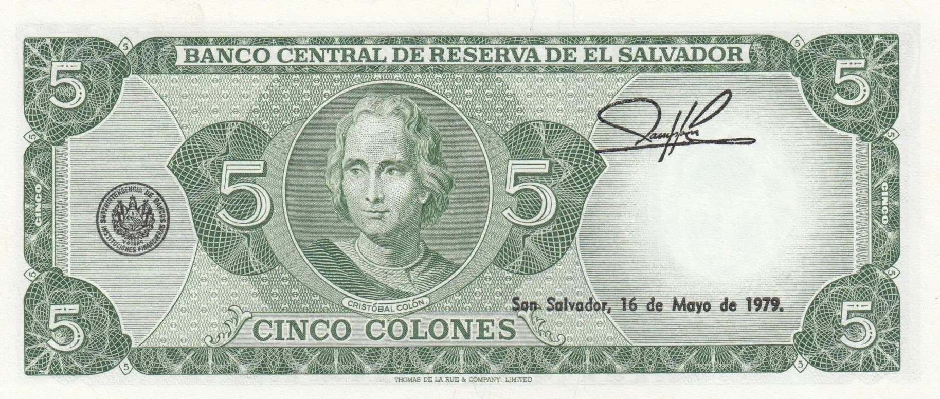 5 colones 1979 from El Salvador, P-117 (1979) — image 2