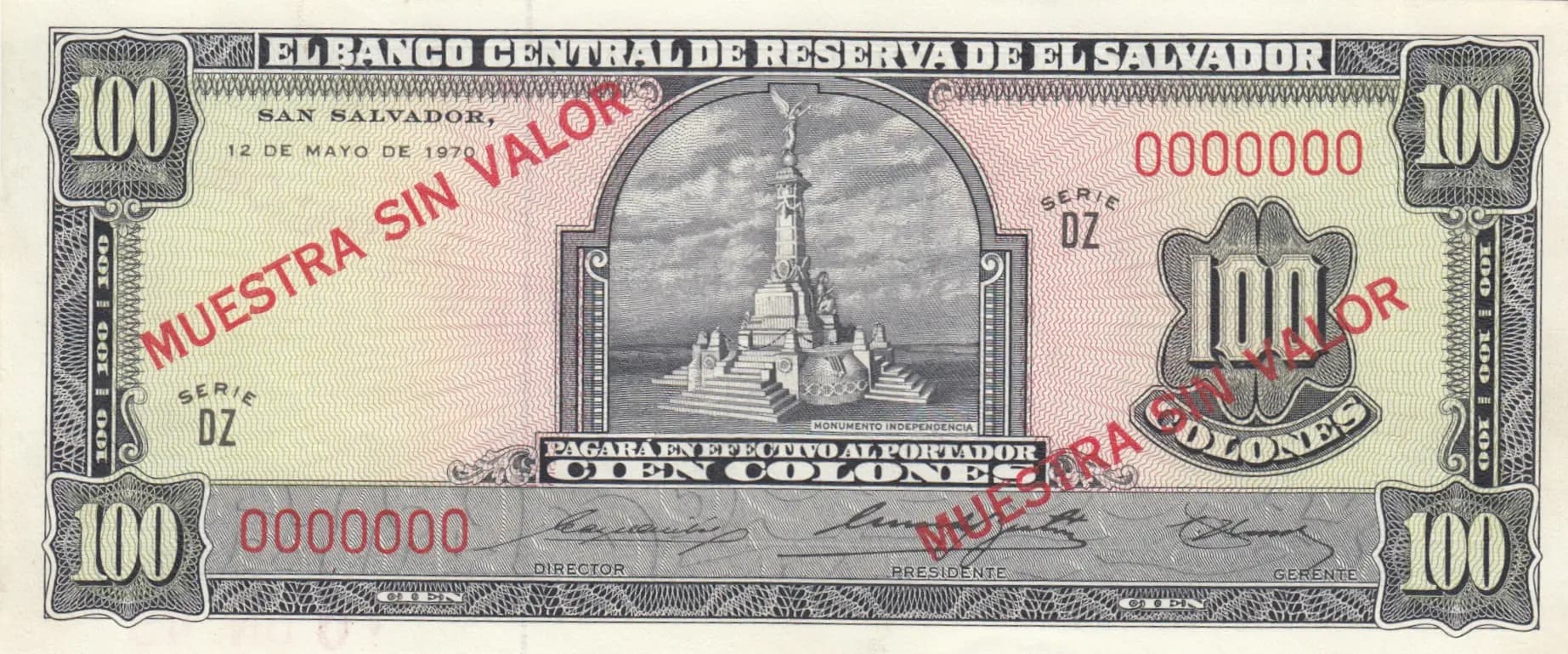 100 colones 1970 specimen from El Salvador, P-114s (1970) — image 1