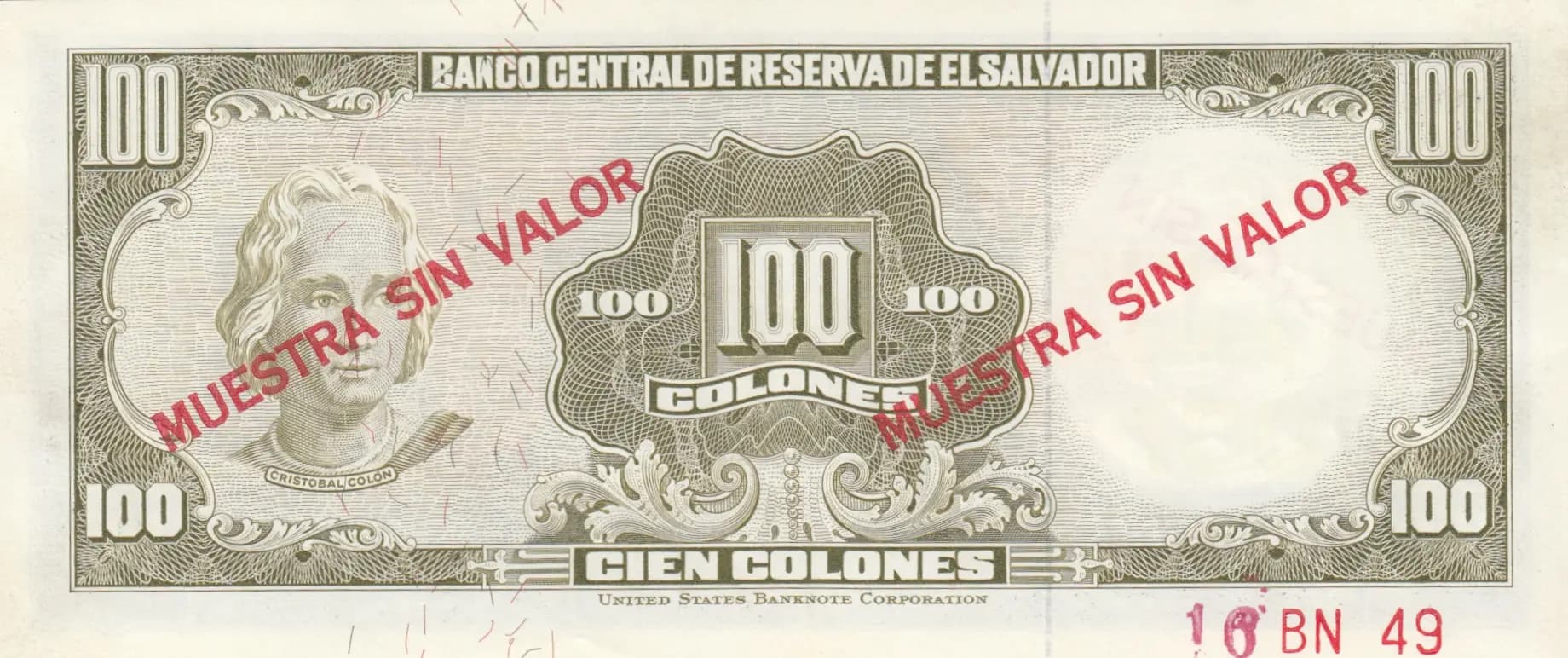 100 colones 1970 specimen from El Salvador, P-114s (1970) — image 2