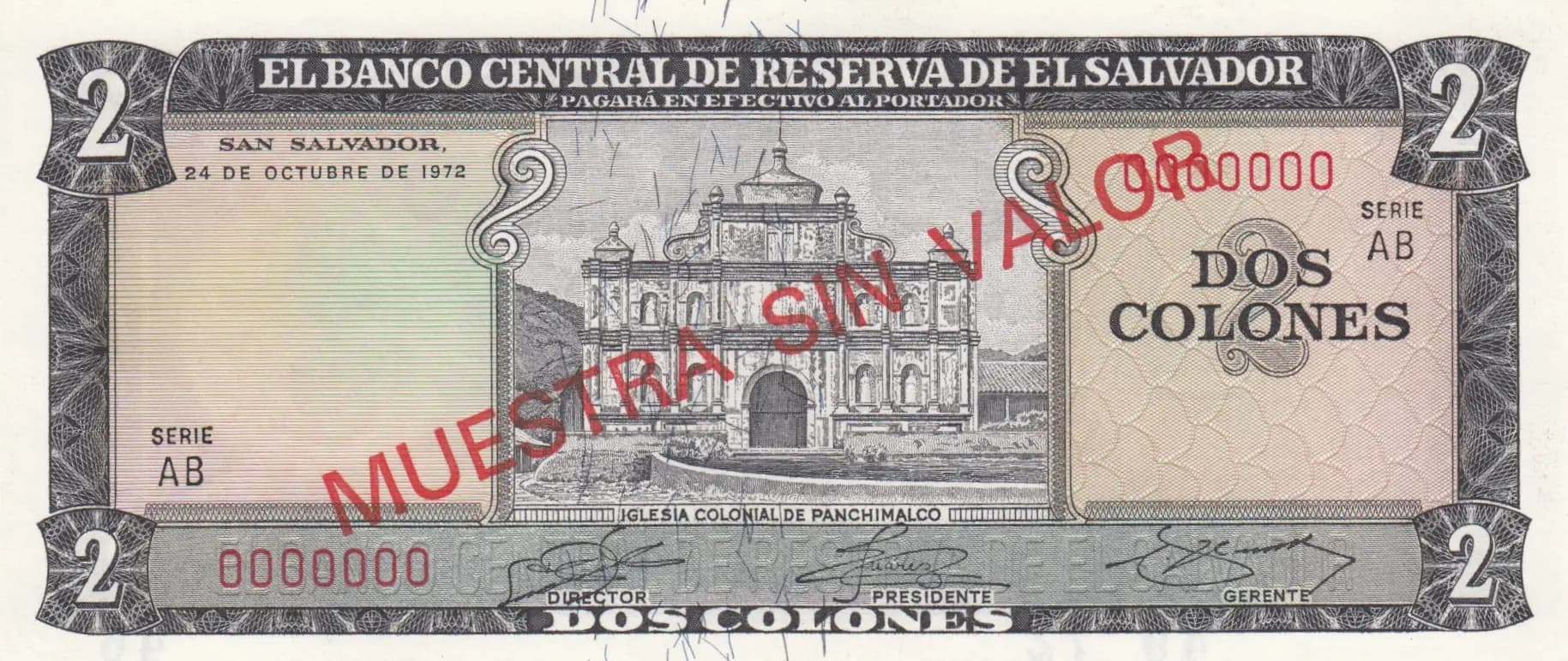 2 colones 1972 specimen from El Salvador, P-116s