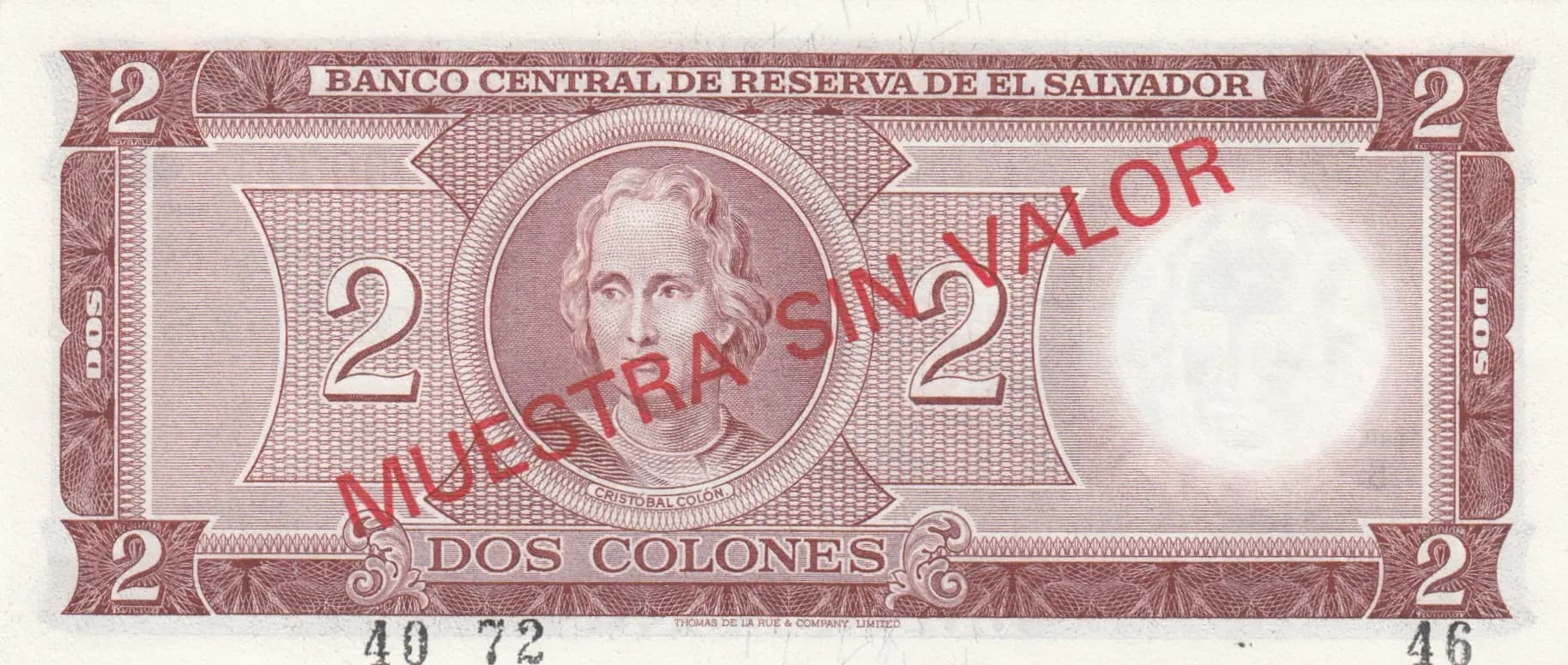 2 colones 1972 specimen from El Salvador, P-116s (1972) — image 2