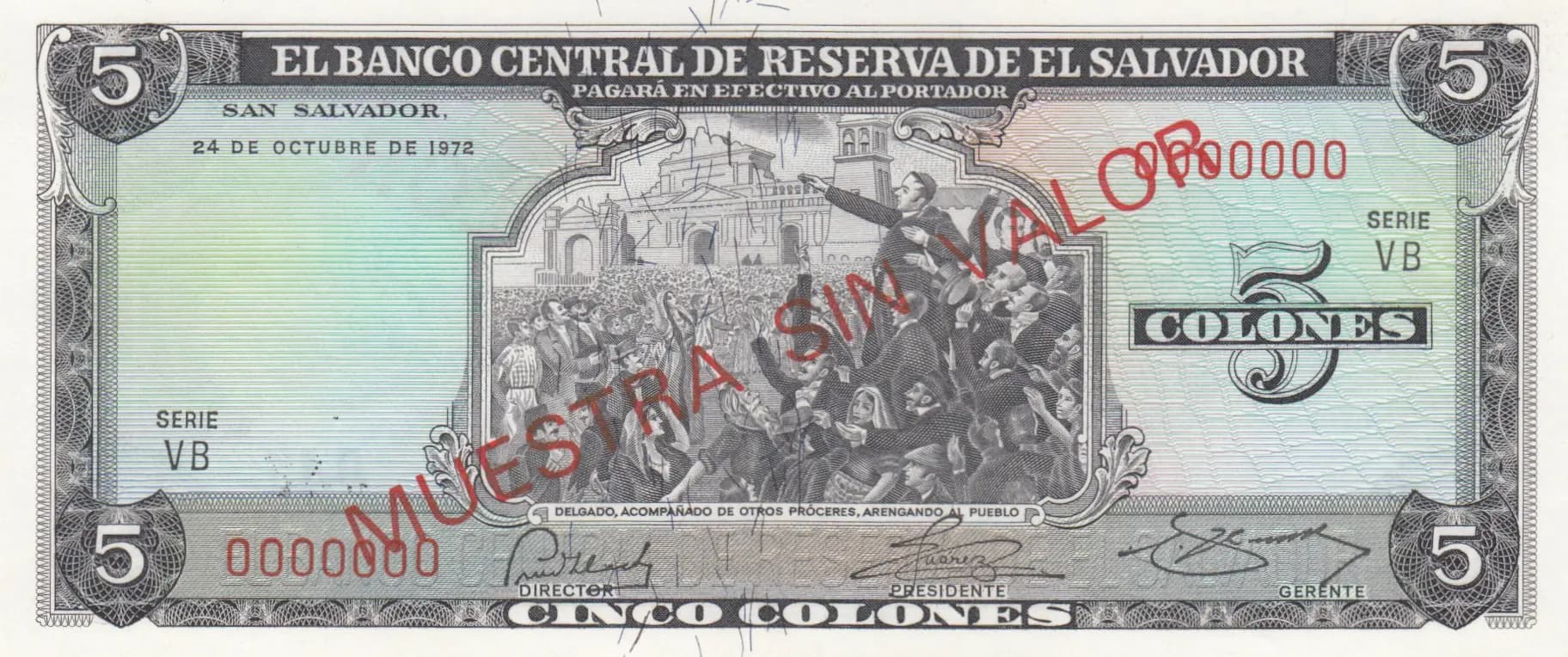 5 colones 1972 specimen from El Salvador, P-117s (1972) — image 1