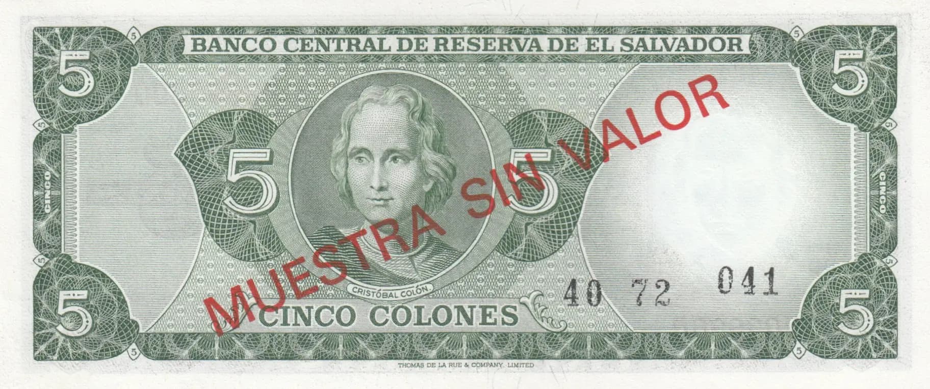 5 colones 1972 specimen from El Salvador, P-117s (1972) — image 2