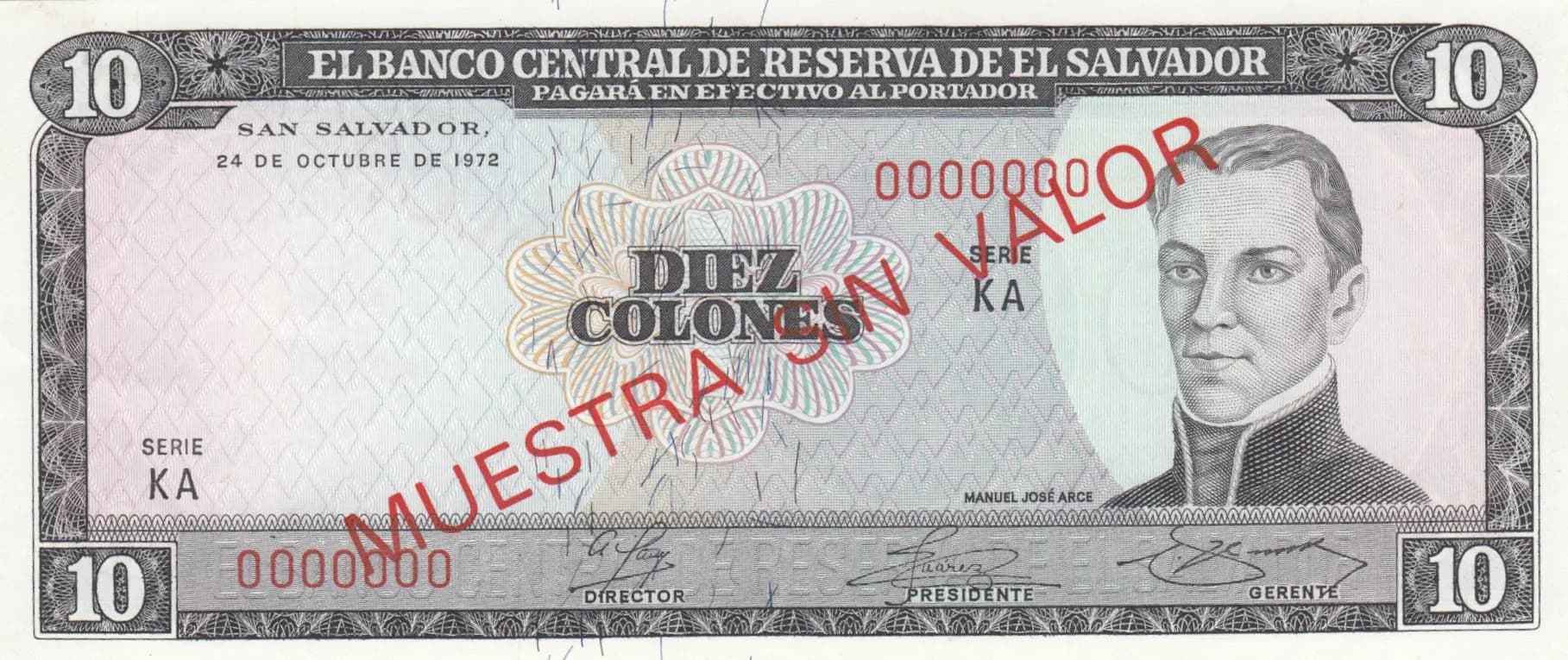 10 colones 1972 specimen from El Salvador, P-118s (1972) — image 1