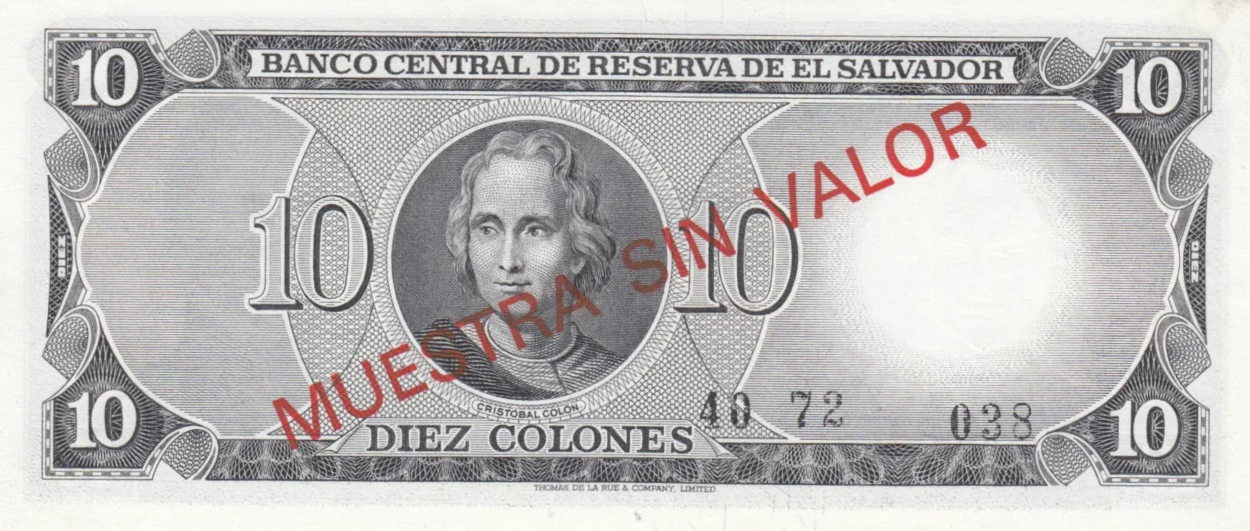 10 colones 1972 specimen from El Salvador, P-118s (1972) — image 2