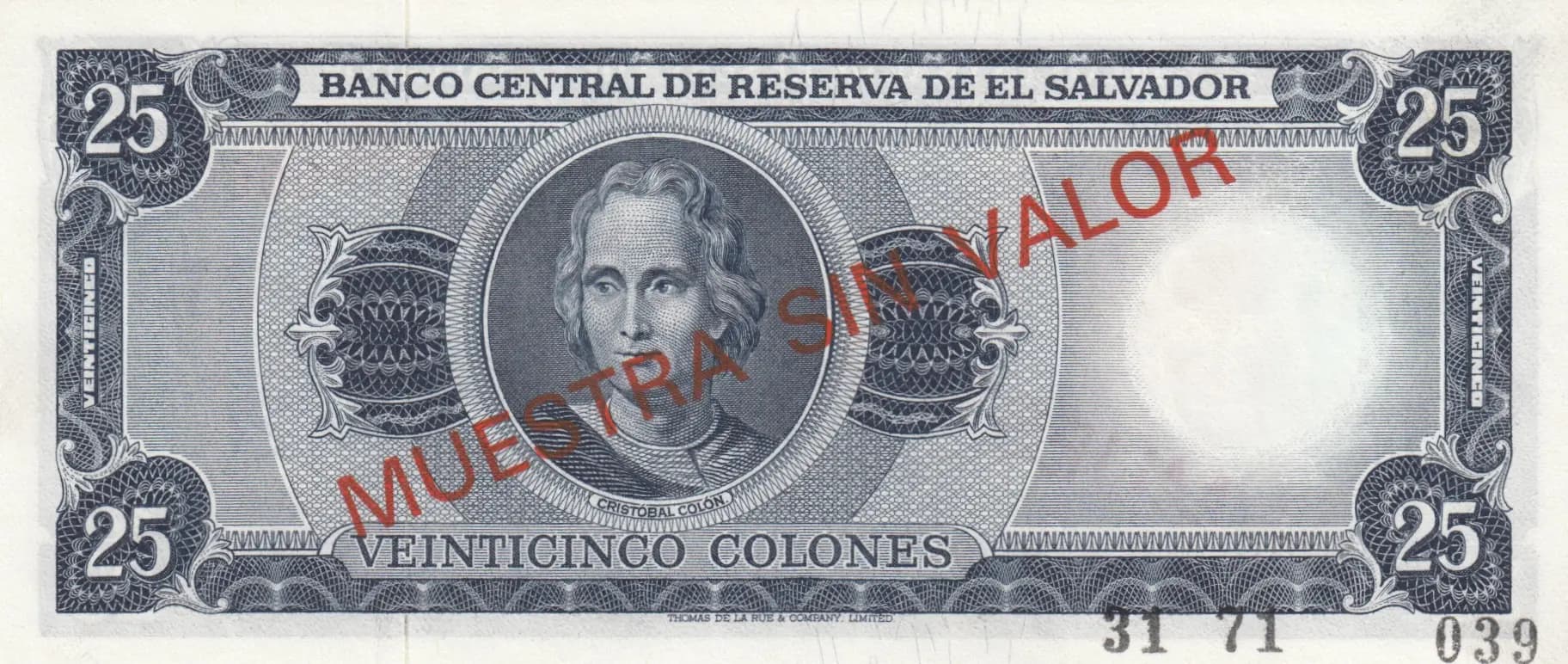 25 colones 1971 specimen from El Salvador, P-119s (1971) — image 2