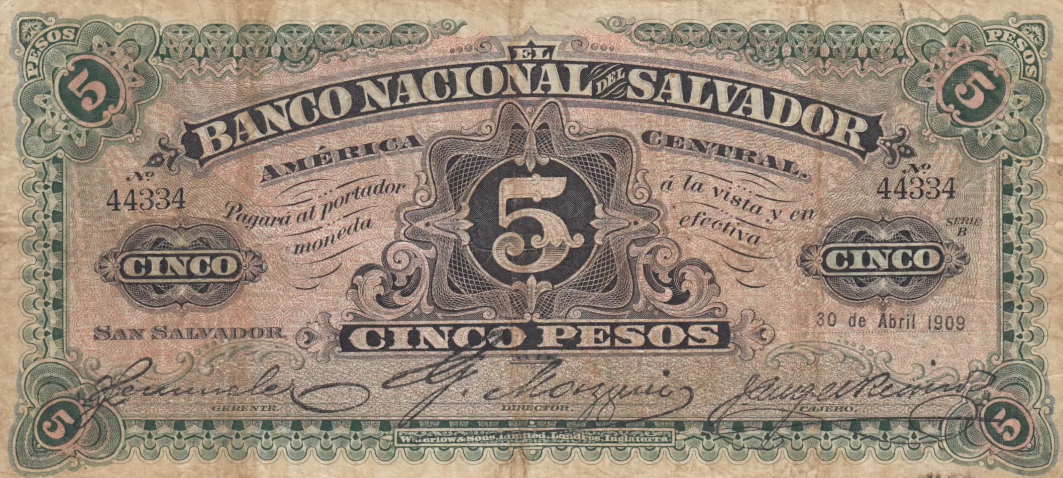 5 pesos 1909 from El Salvador, P-S162c