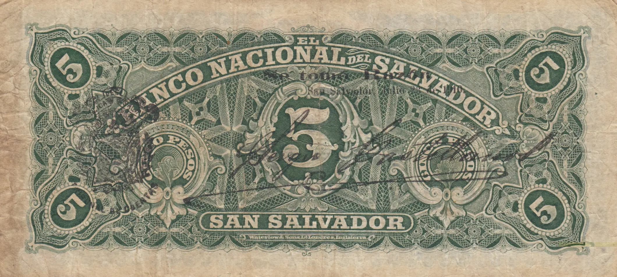 5 pesos 1909 from El Salvador, P-S162c (1909) — image 2