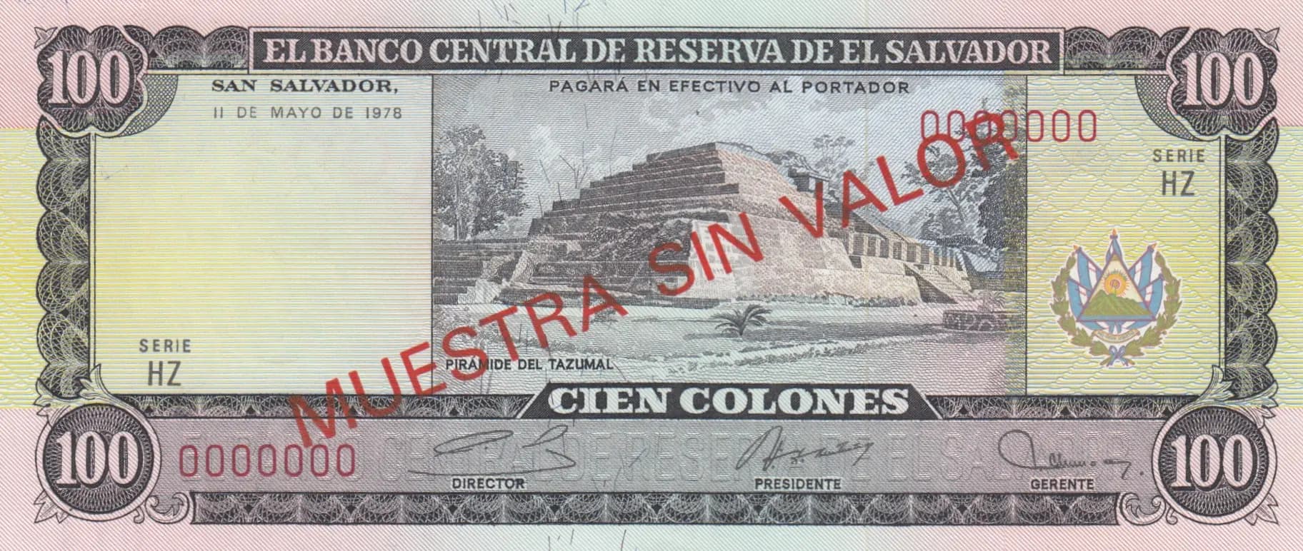 100 colones 1978 specimen from El Salvador, P-122s (1978) — image 1