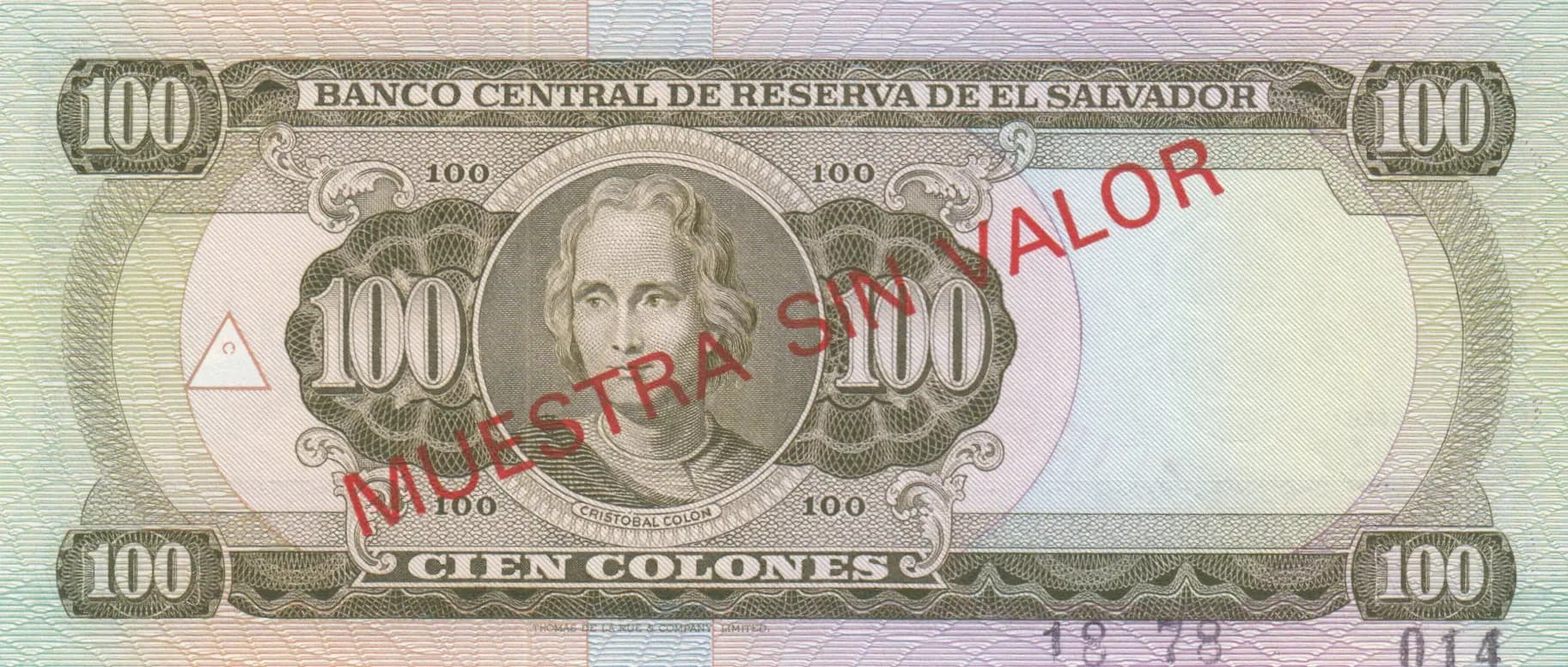 100 colones 1978 specimen from El Salvador, P-122s (1978) — image 2