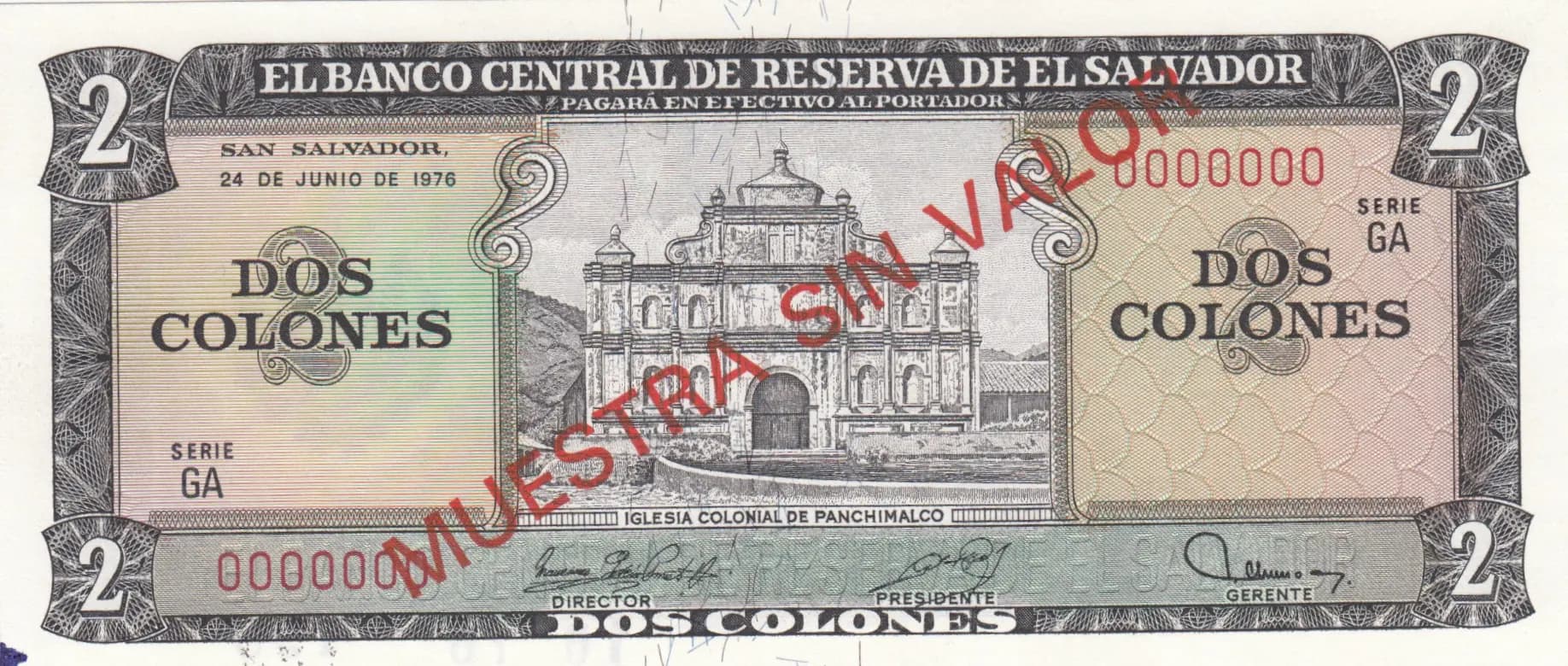 2 colones 1976 specimen from El Salvador, P-124s (1976) — image 1
