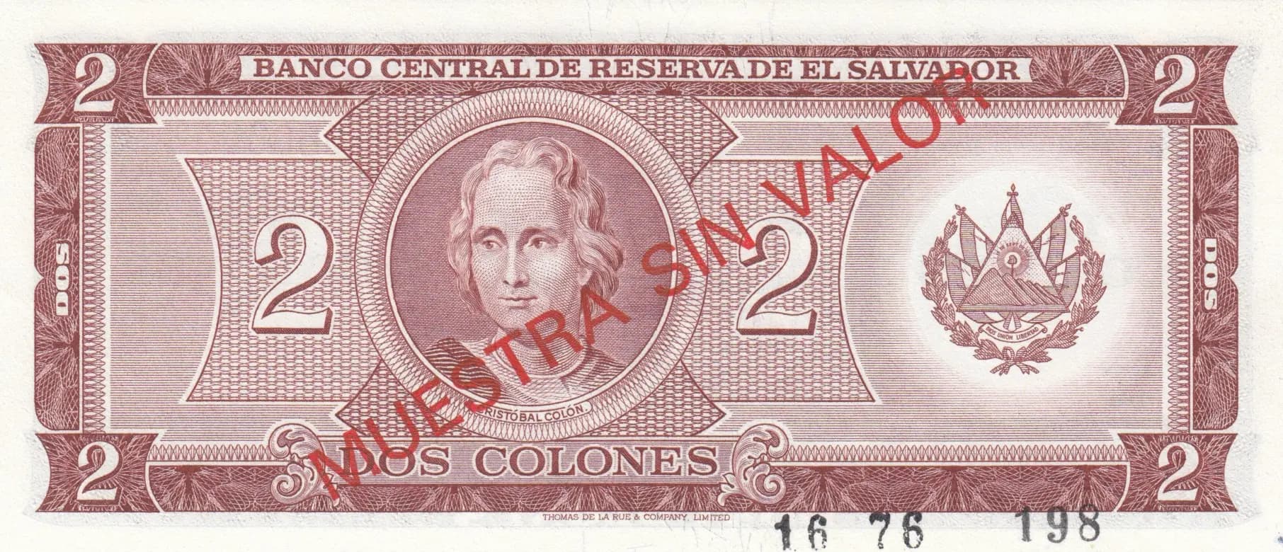 2 colones 1976 specimen from El Salvador, P-124s (1976) — image 2