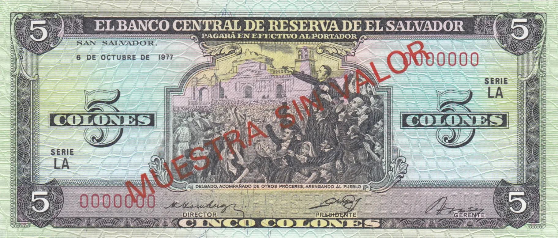 5 colones 1977 specimen from El Salvador, P-126s (1977) — image 1