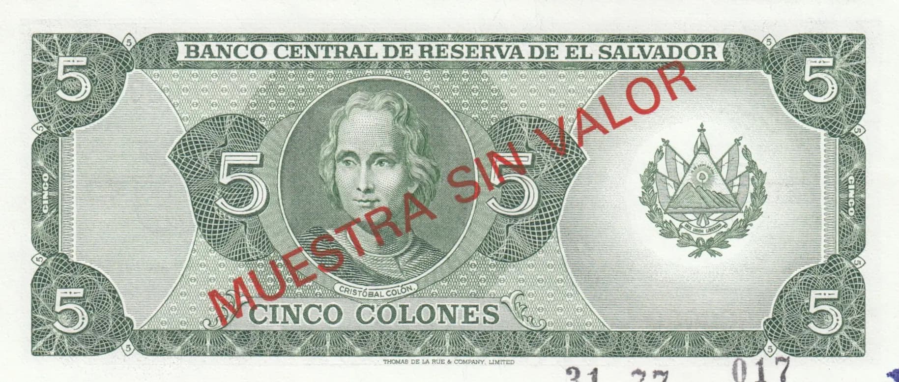 5 colones 1977 specimen from El Salvador, P-126s (1977) — image 2
