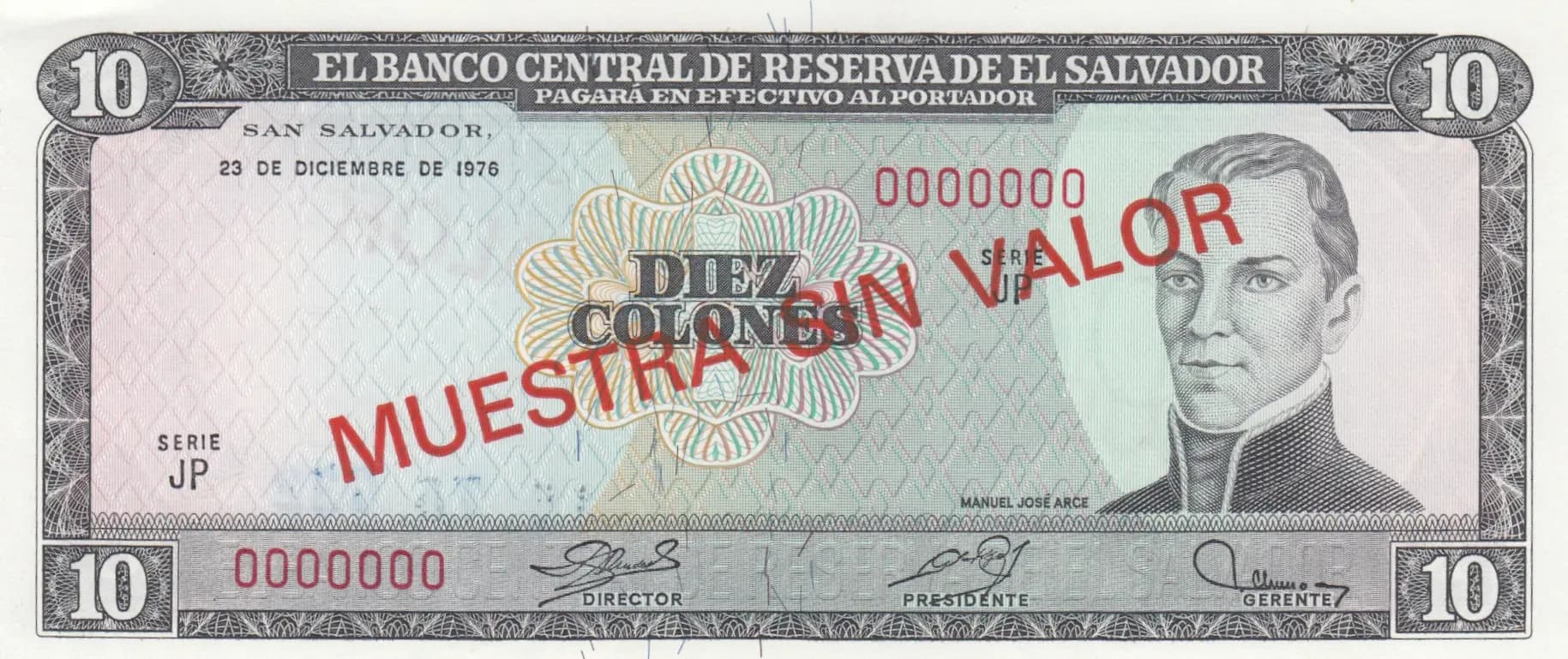 10 colones 1978 specimen from El Salvador, P-129s (1978) — image 1