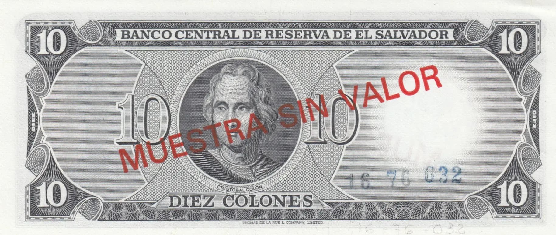10 colones 1978 specimen from El Salvador, P-129s (1978) — image 2