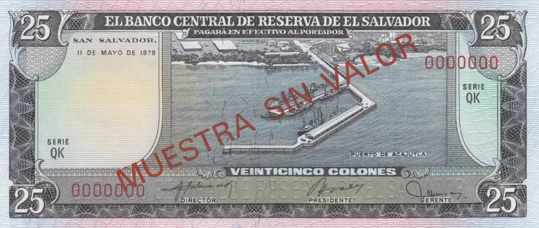 25 colones 1978 specimen from El Salvador, P-130s (1978) — image 1