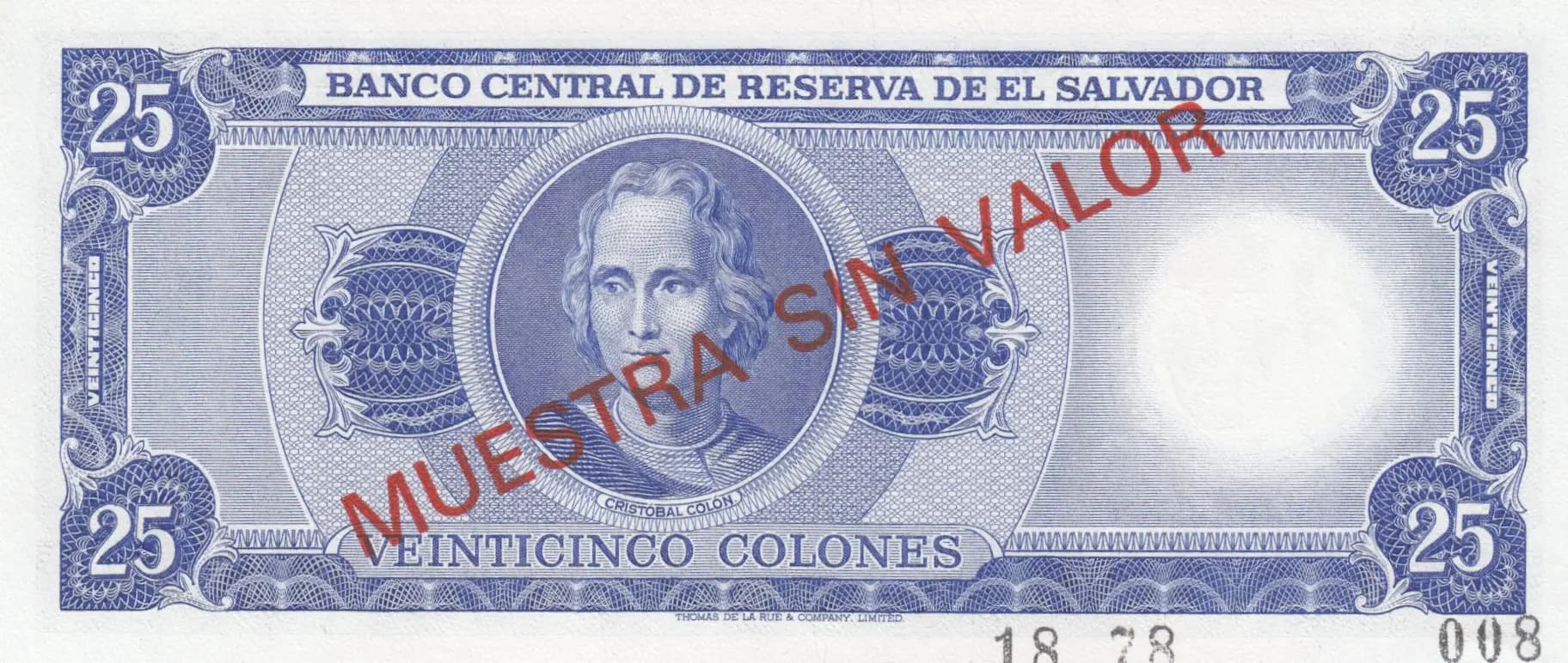 25 colones 1978 specimen from El Salvador, P-130s (1978) — image 2