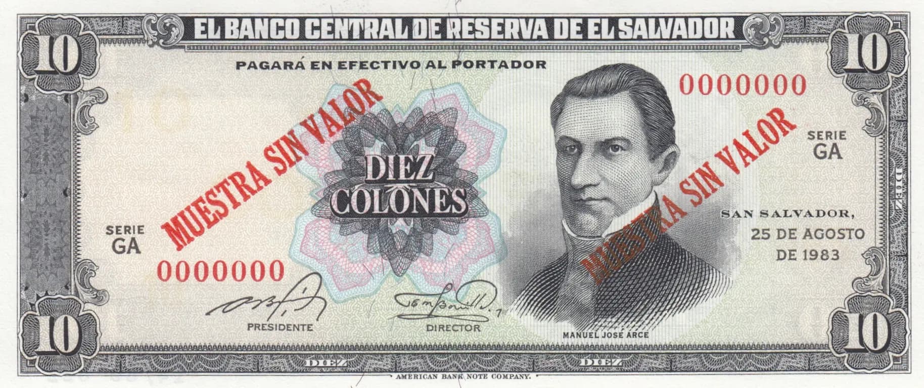 10 colones 1983 specimen from El Salvador, P-135s (1983) — image 1