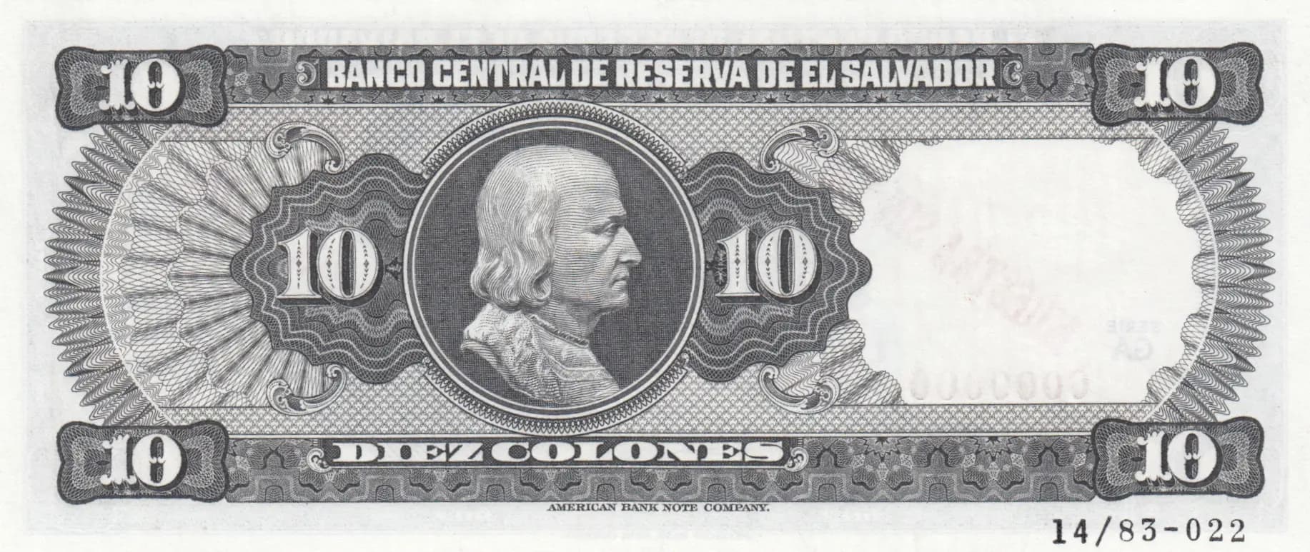 10 colones 1983 specimen from El Salvador, P-135s (1983) — image 2