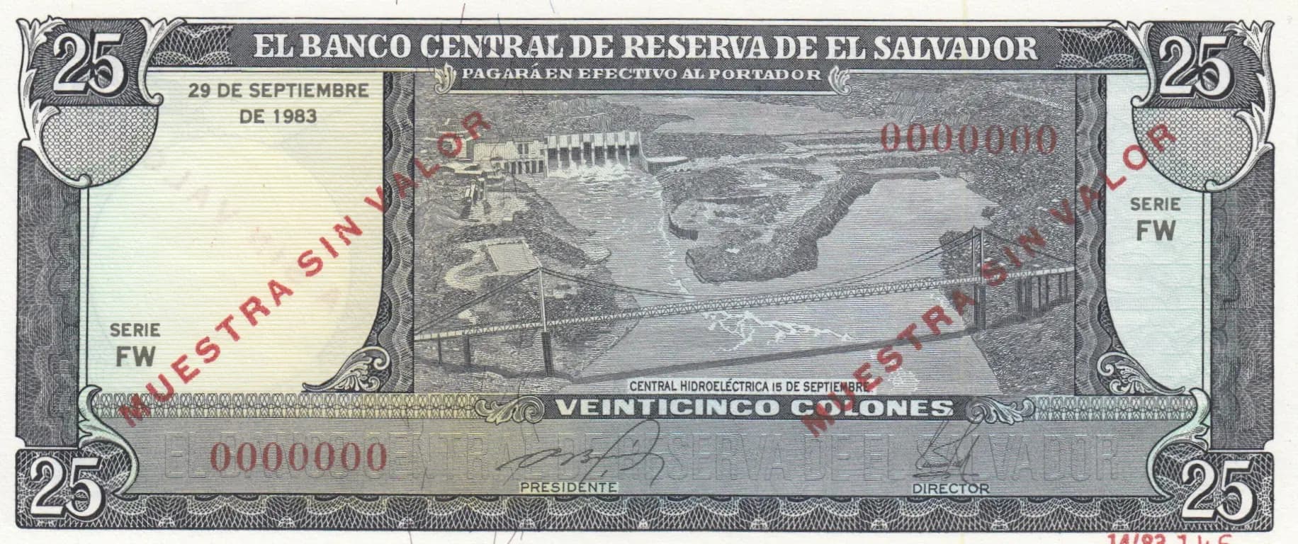 25 colones 1983 specimen from El Salvador, P-136s (1983) — image 1