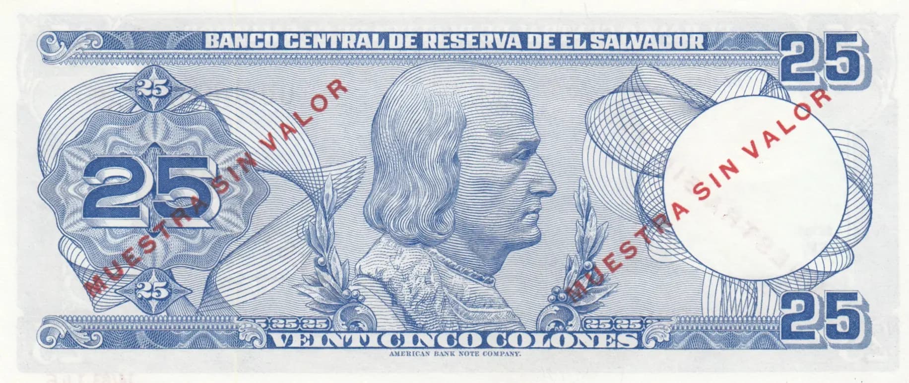 25 colones 1983 specimen from El Salvador, P-136s (1983) — image 2