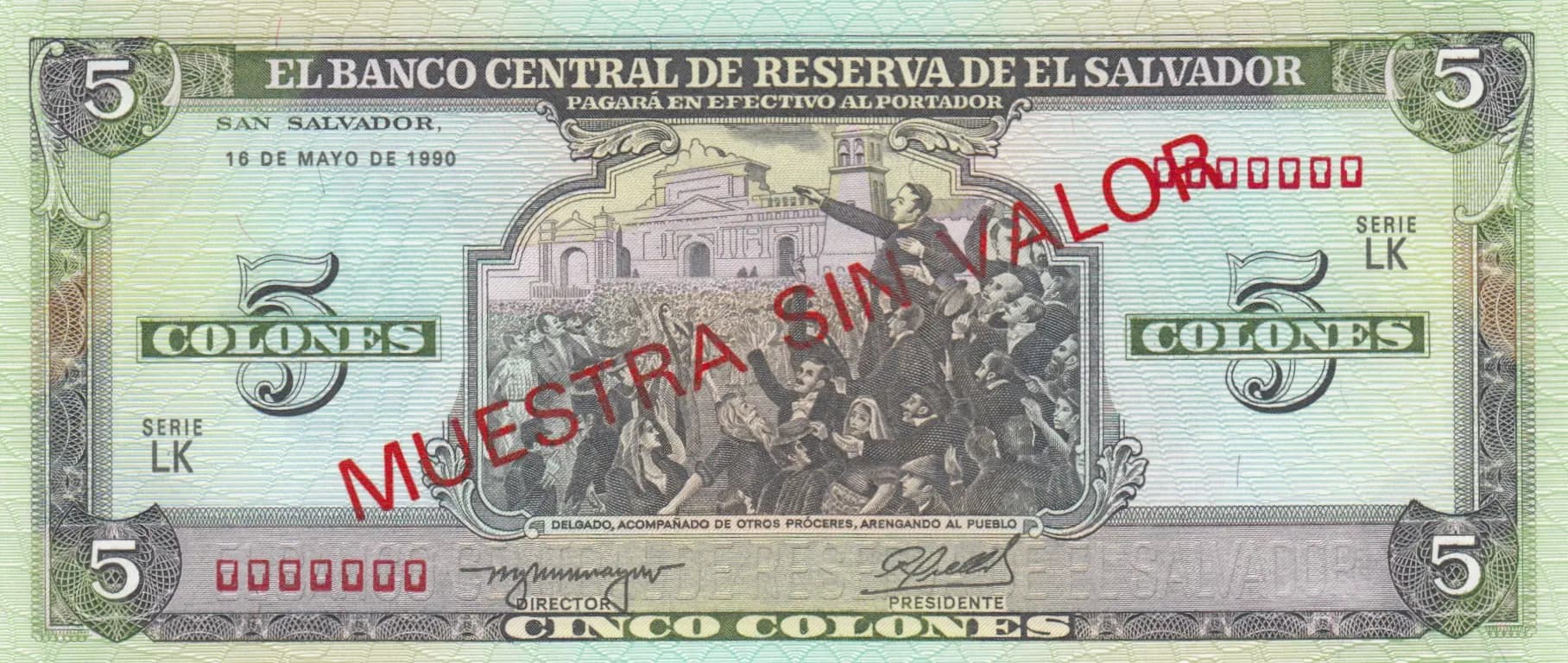 5 colones 1990 specimen from El Salvador, P-138s (1990) — image 1