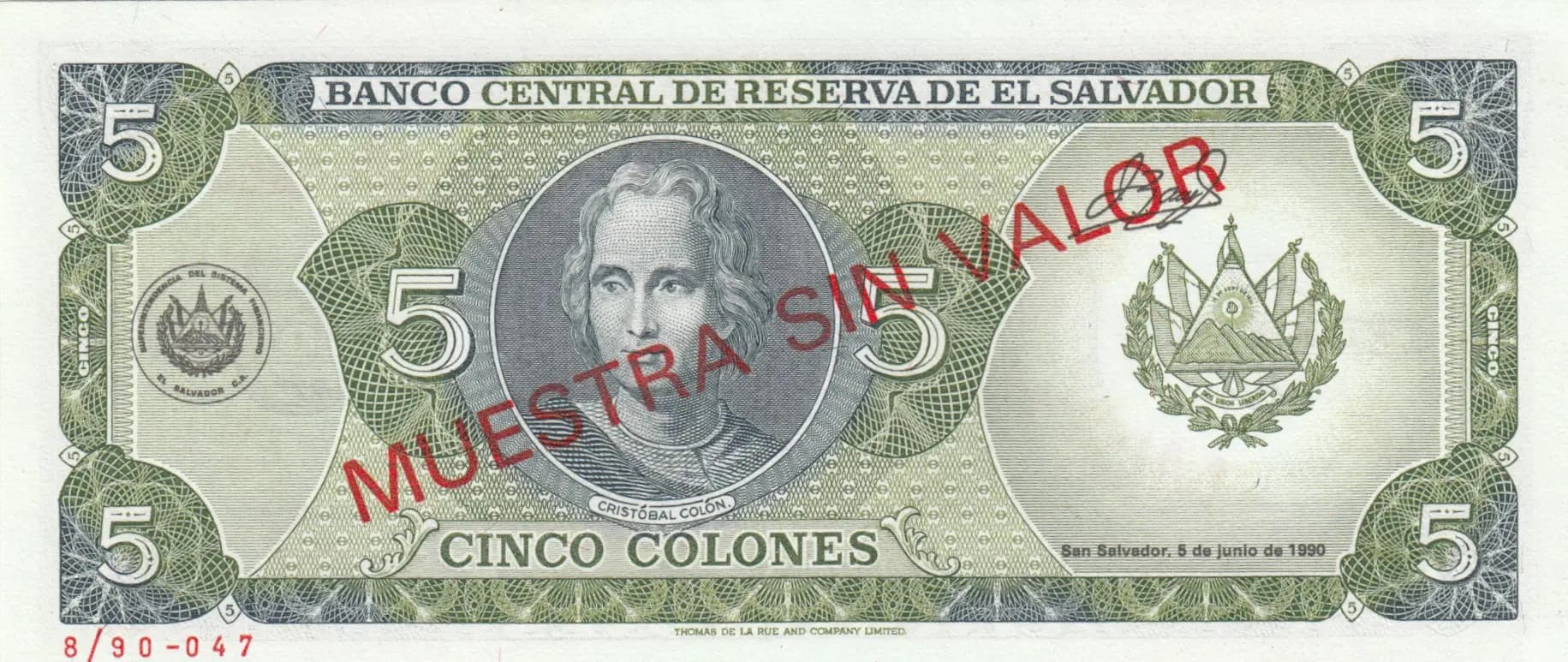 5 colones 1990 specimen from El Salvador, P-138s (1990) — image 2