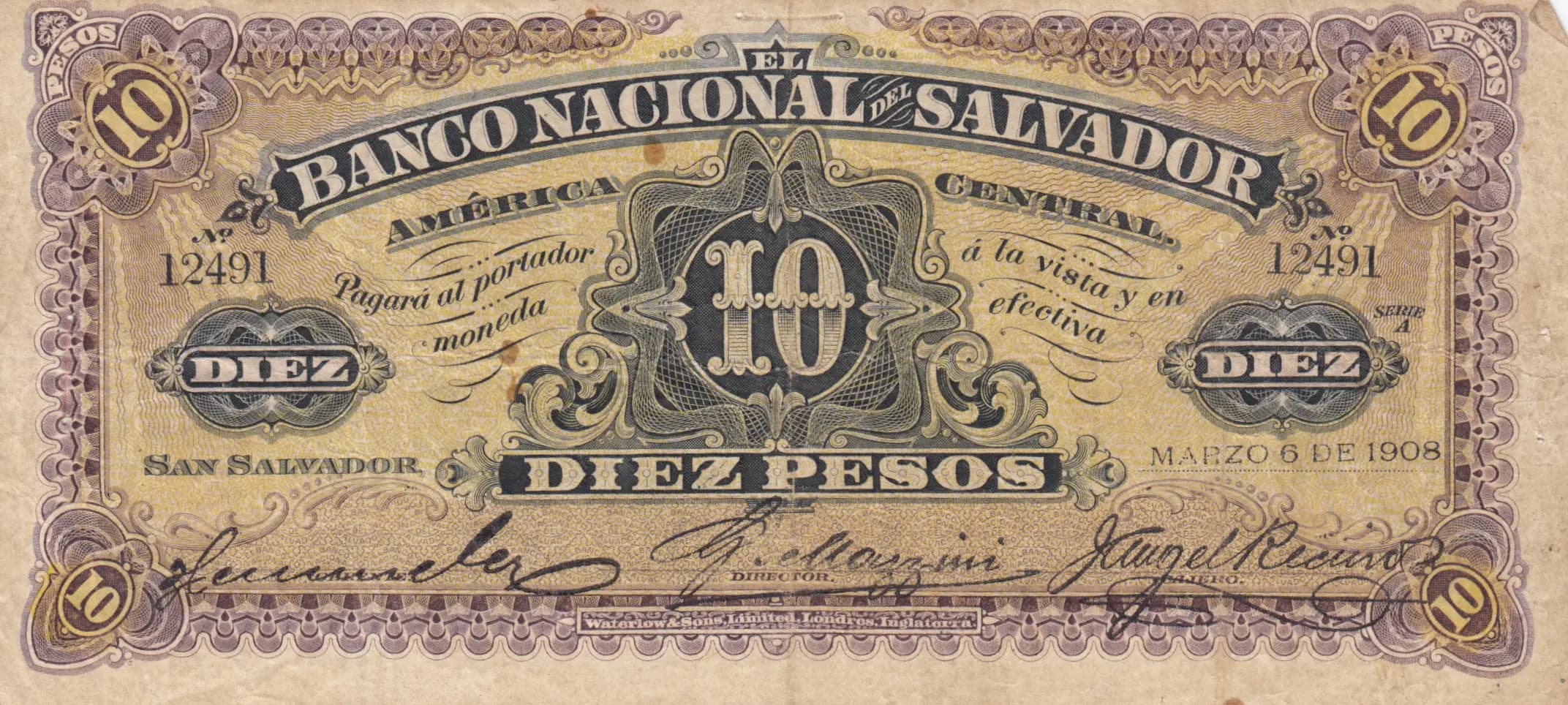 10 pesos 1908 from El Salvador, P-S163b