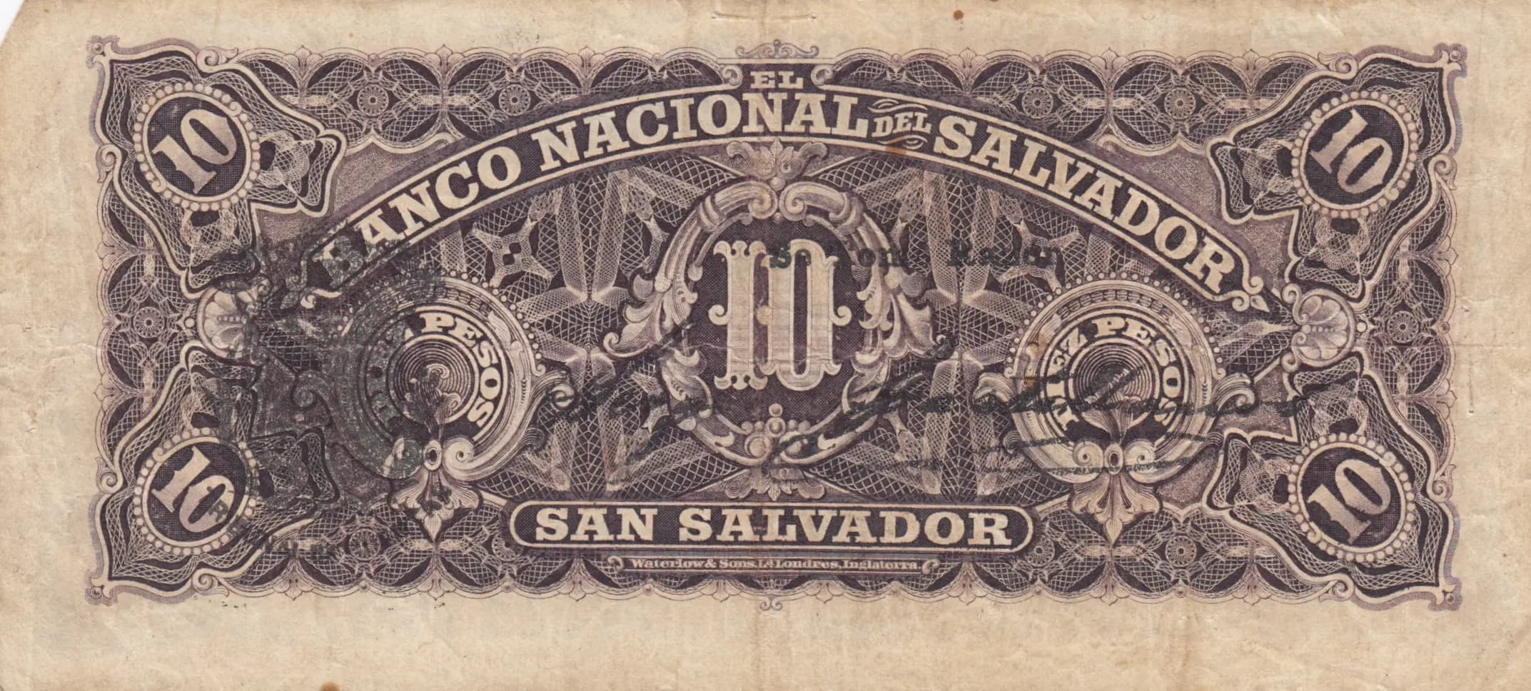 10 pesos 1908 from El Salvador, P-S163b (1908) — image 2