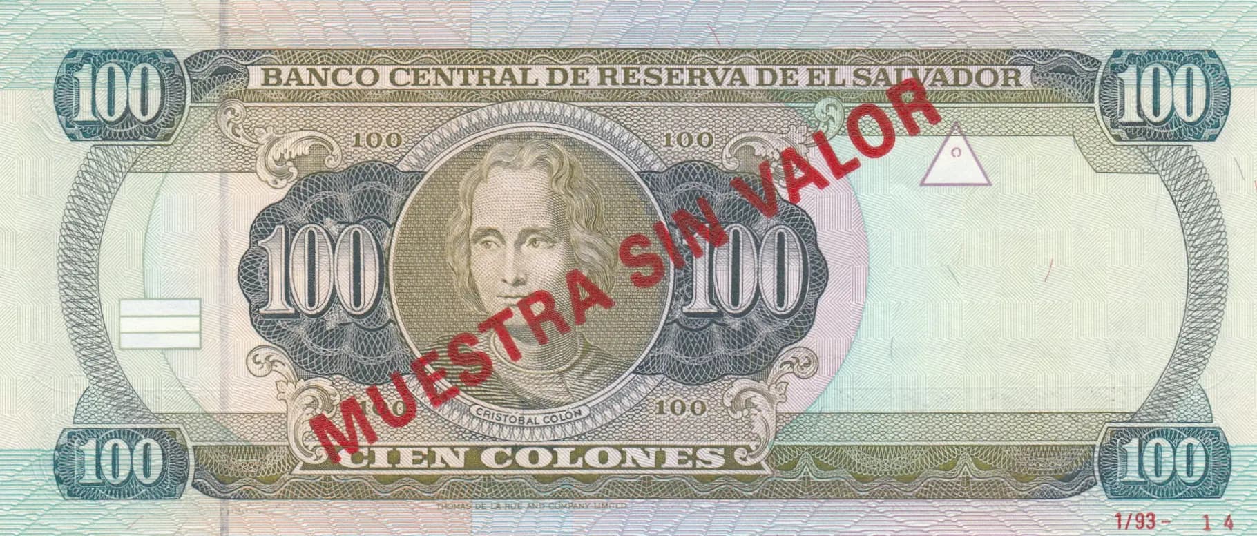 10 colones 1993 specimen from El Salvador, P-140s (1993) — image 2