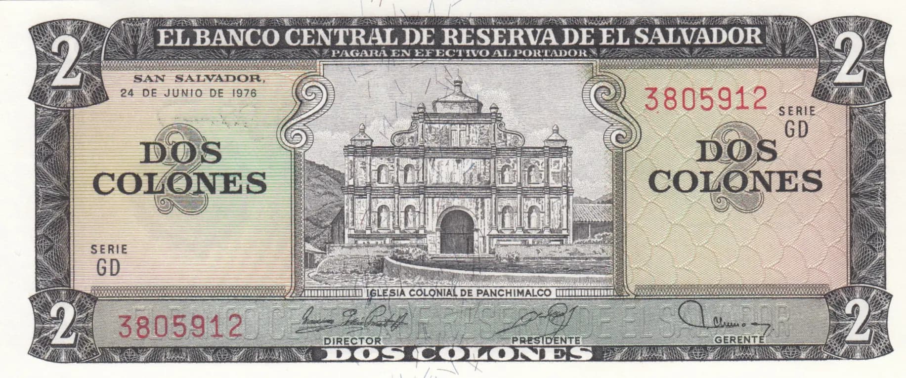 2 colones 1976  from El Salvador, P-124