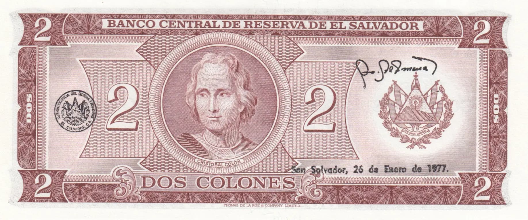 2 colones 1976  from El Salvador, P-124 (1976) — image 2