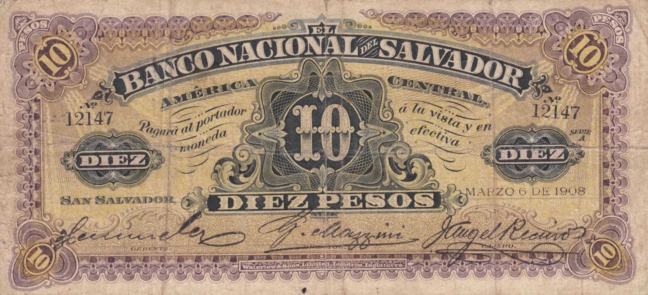 10 pesos 1908 from El Salvador, P-S163c