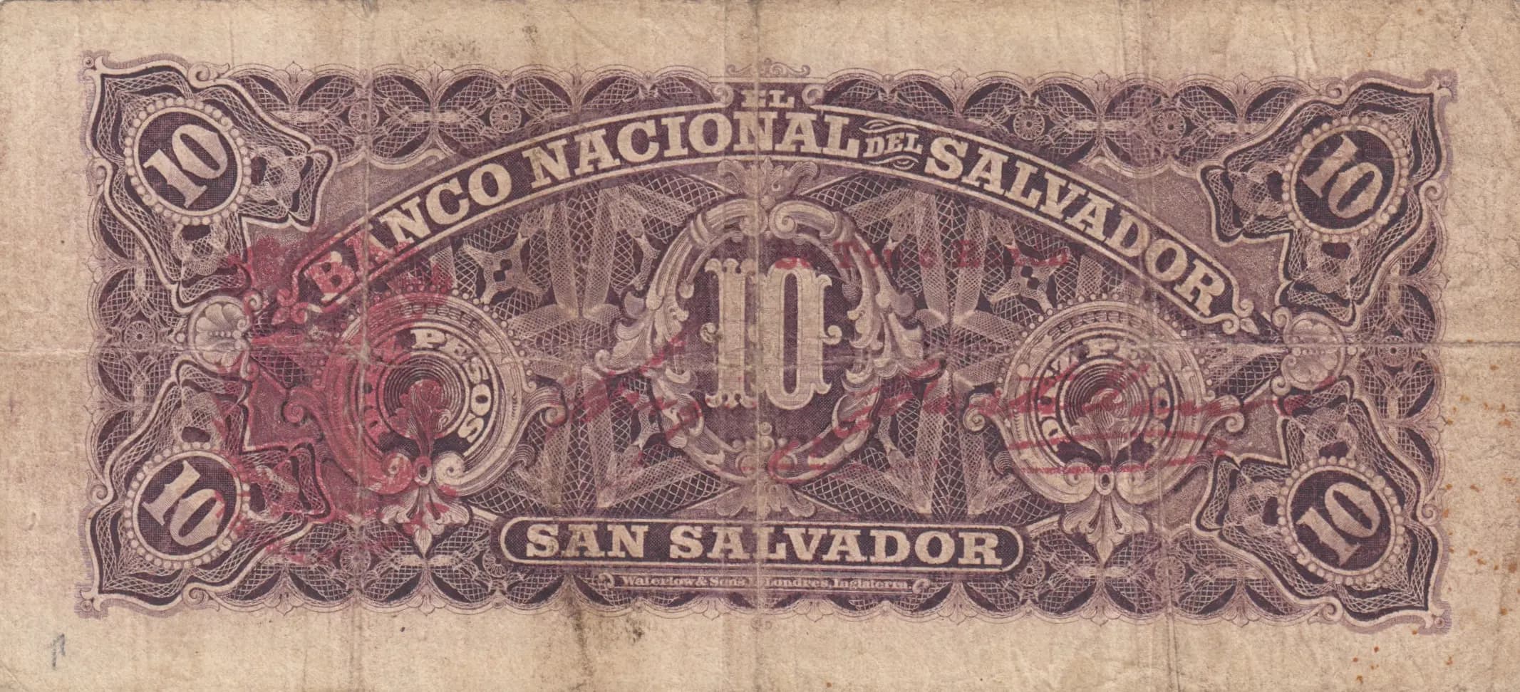 10 pesos 1908 from El Salvador, P-S163c (1908) — image 2