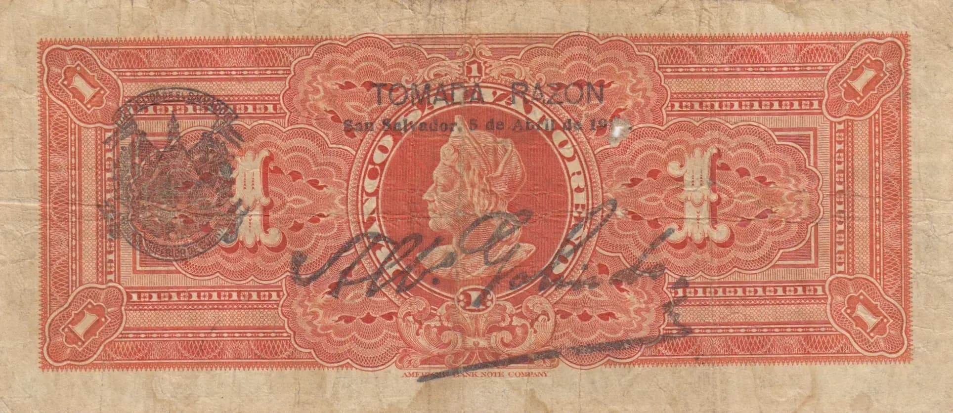 1 colon 1920 from El Salvador, P-S211 (1920) — image 2