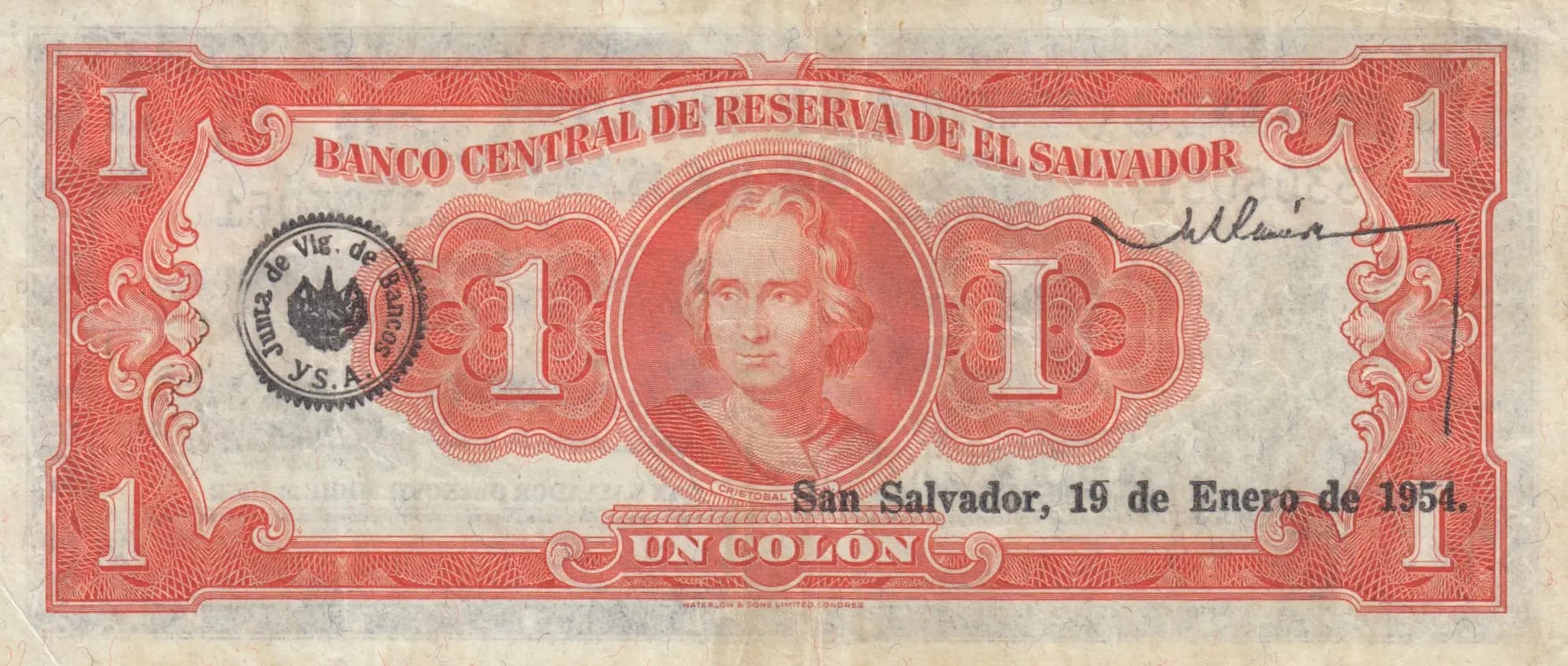 1 colon 1952 from El Salvador, P-87 (1952) — image 2