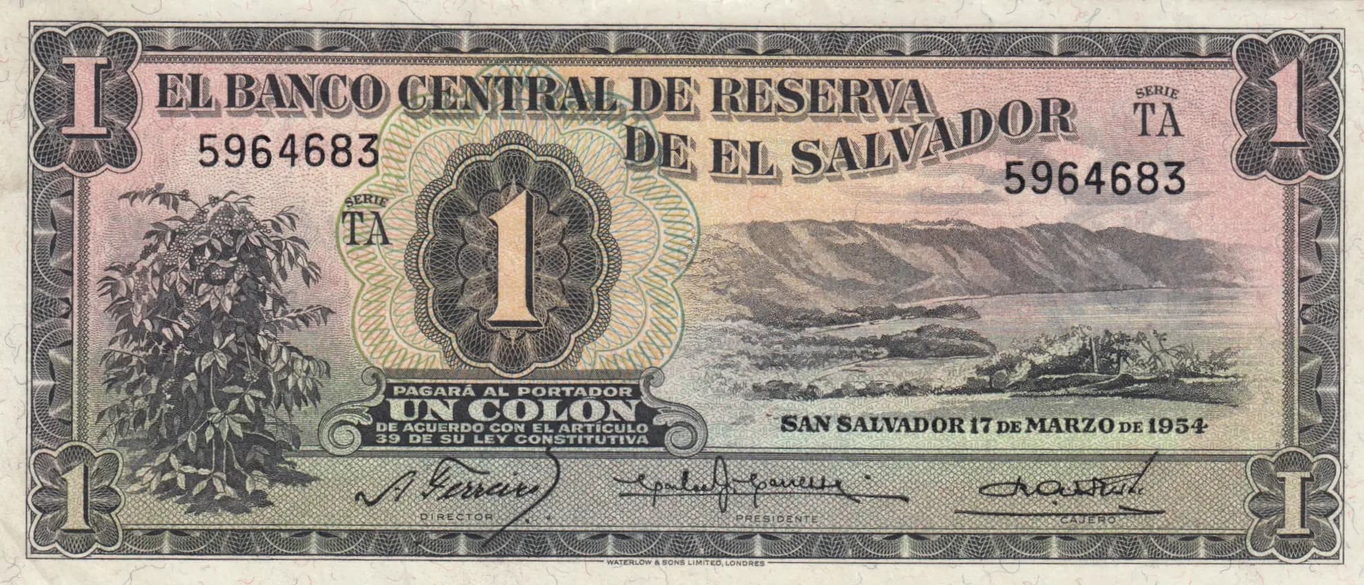 1 colon 1954 from El Salvador, P-87 (1954) — image 1